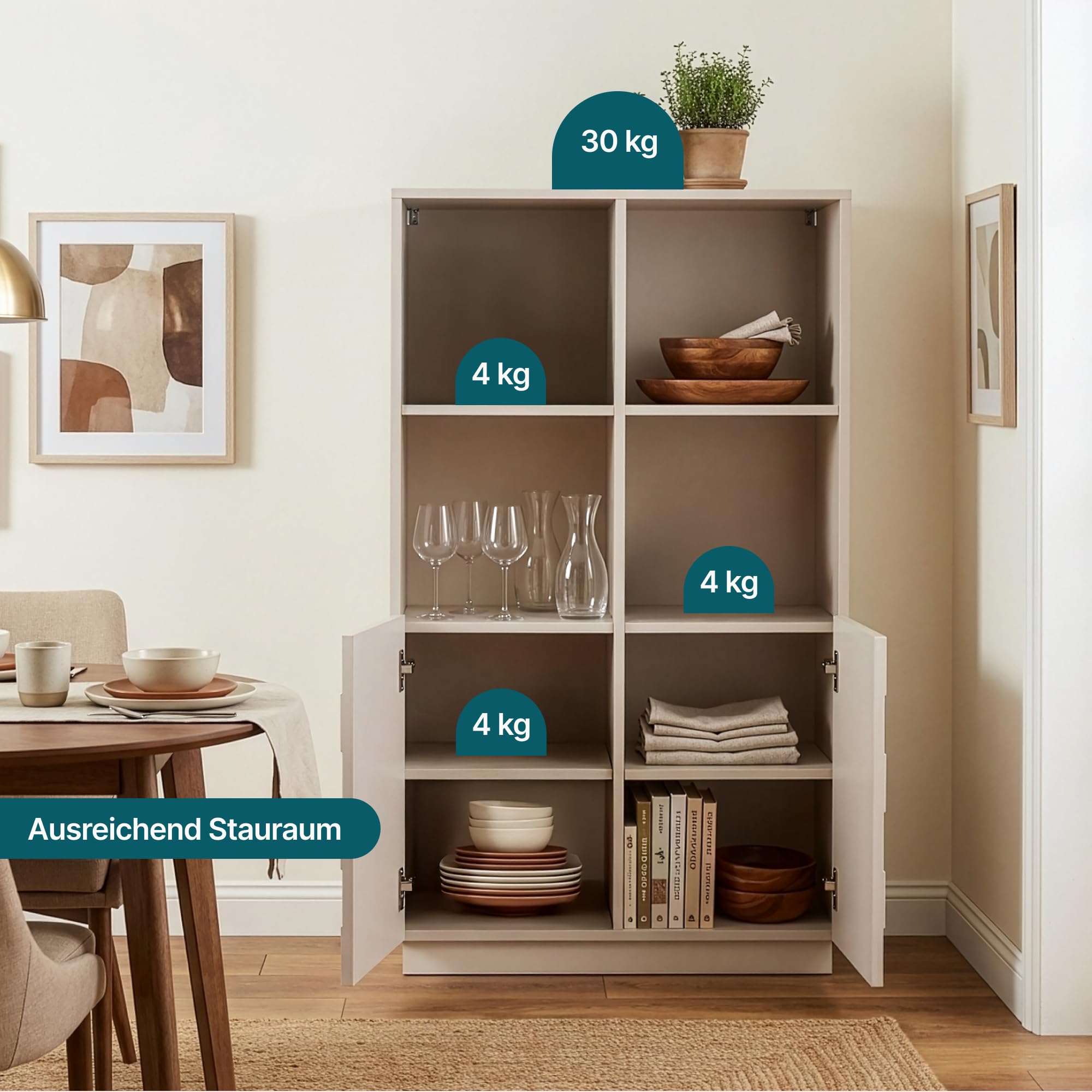 [en.casa] Highboard Wohnzimmer Bopibobro Hochschrank mit 2 Türen 3D-Front Büroschrank 4 Fächer 118 x 64 x 30 cm Kommode Beige