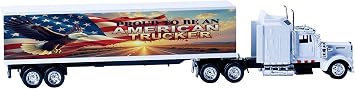 USA America Theme Diecast Truck with Trailer - 1 43 Scale Replica Kenworth W900 with American Trucker Design