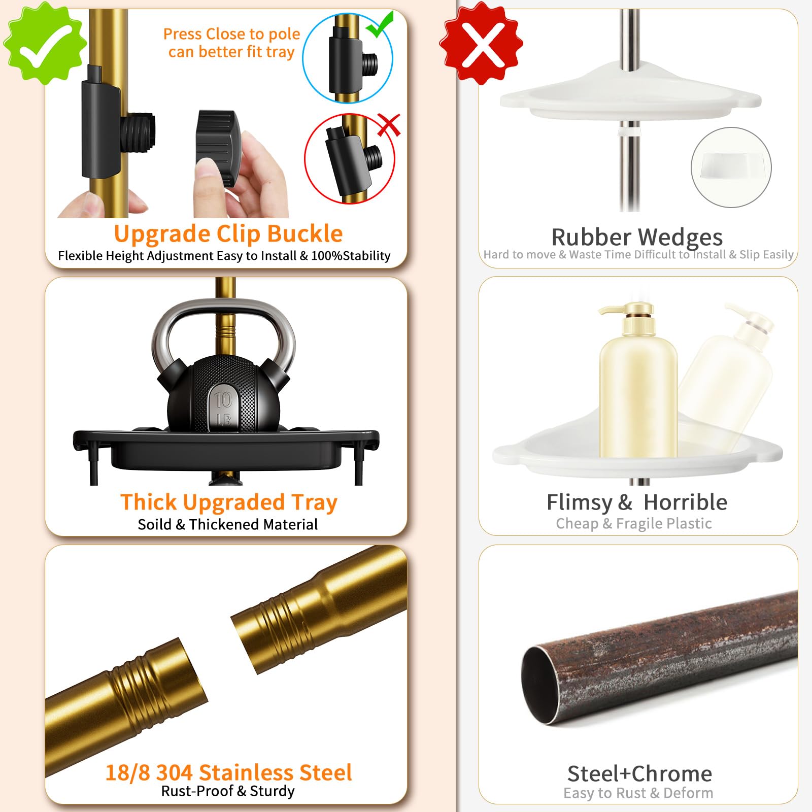 Upgrade Stabiler Dusch-Caddy mit Spannstange, Schwarz und Gold, Eck-Dusch-Caddy 18/8 Edelstahl, rostfrei, 4 Etagen, verstellbare Ablagen für Badewanne, Shampoo, Zubehör, Aufbewahrungsregal,