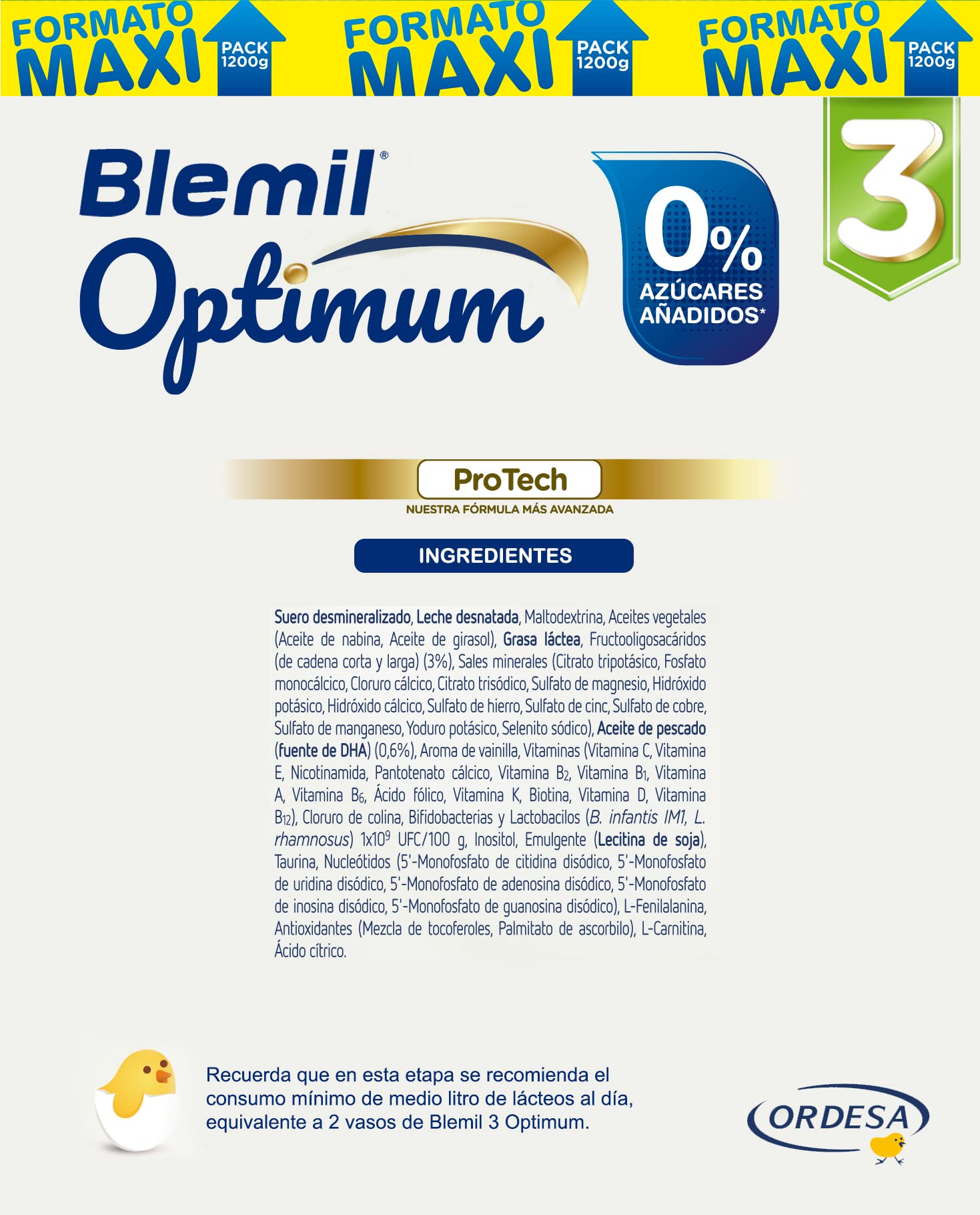Blemil 3 Optimum ProTech 0% Azúcares añadidos - Preparado Lácteo en polvo, Desde los 12 meses, 1200 g