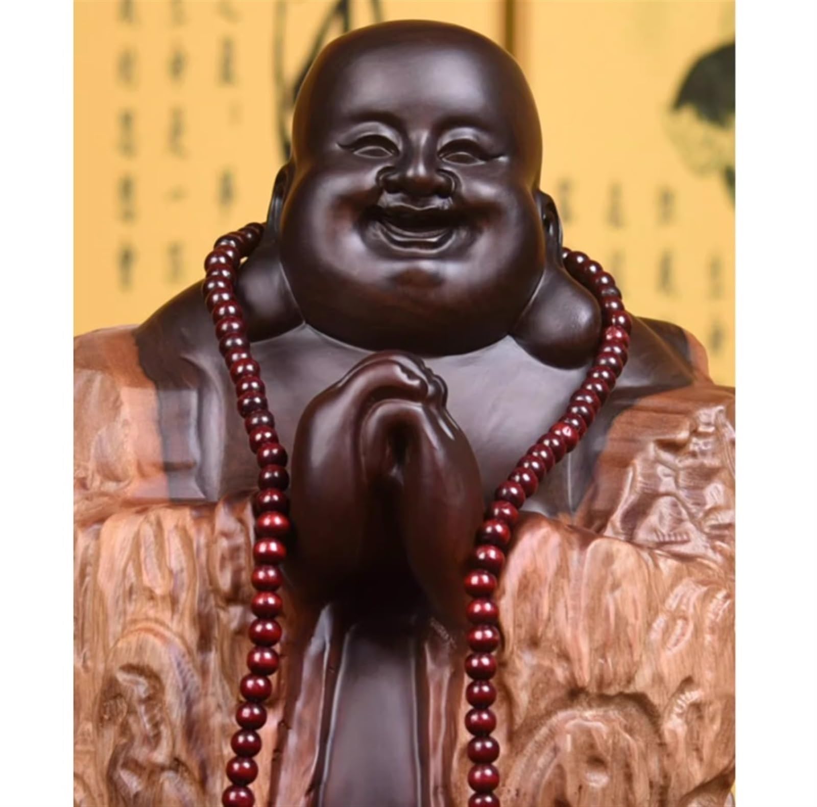 Ozdobna figurka, rzeźby z litego drewna Blackwood śmieją się do wystroju domu na biurko ogród posąg buddy (24 60 cm)
