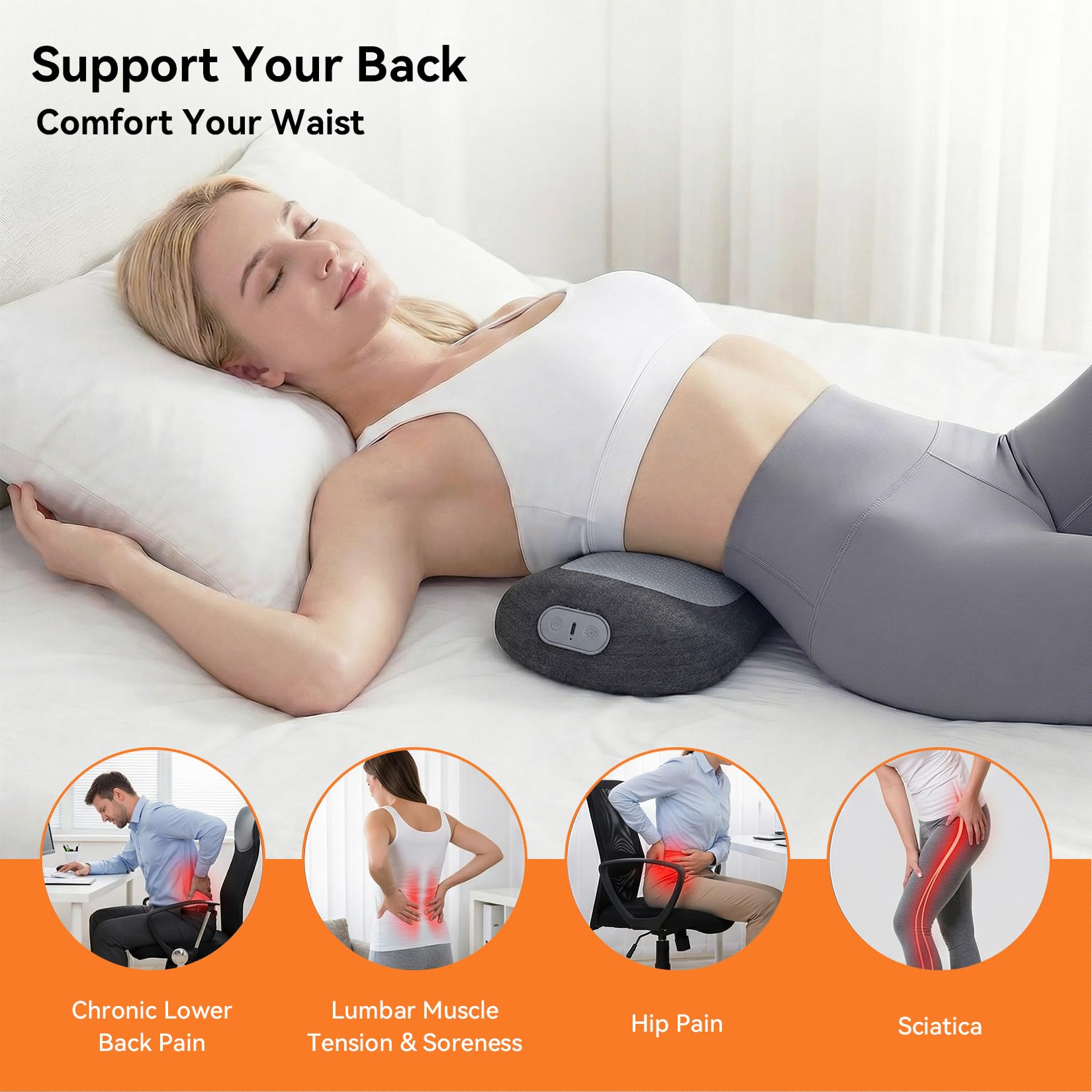 Yunari 3 in 1 Electric Lumbar Massager Support Pillow with Heat, 2026 Latest Patented Adjustable Height Back Massager Pillow for Sleep and Office Chair, Back Support Pillow for Lower Back Pain Relief — view 5