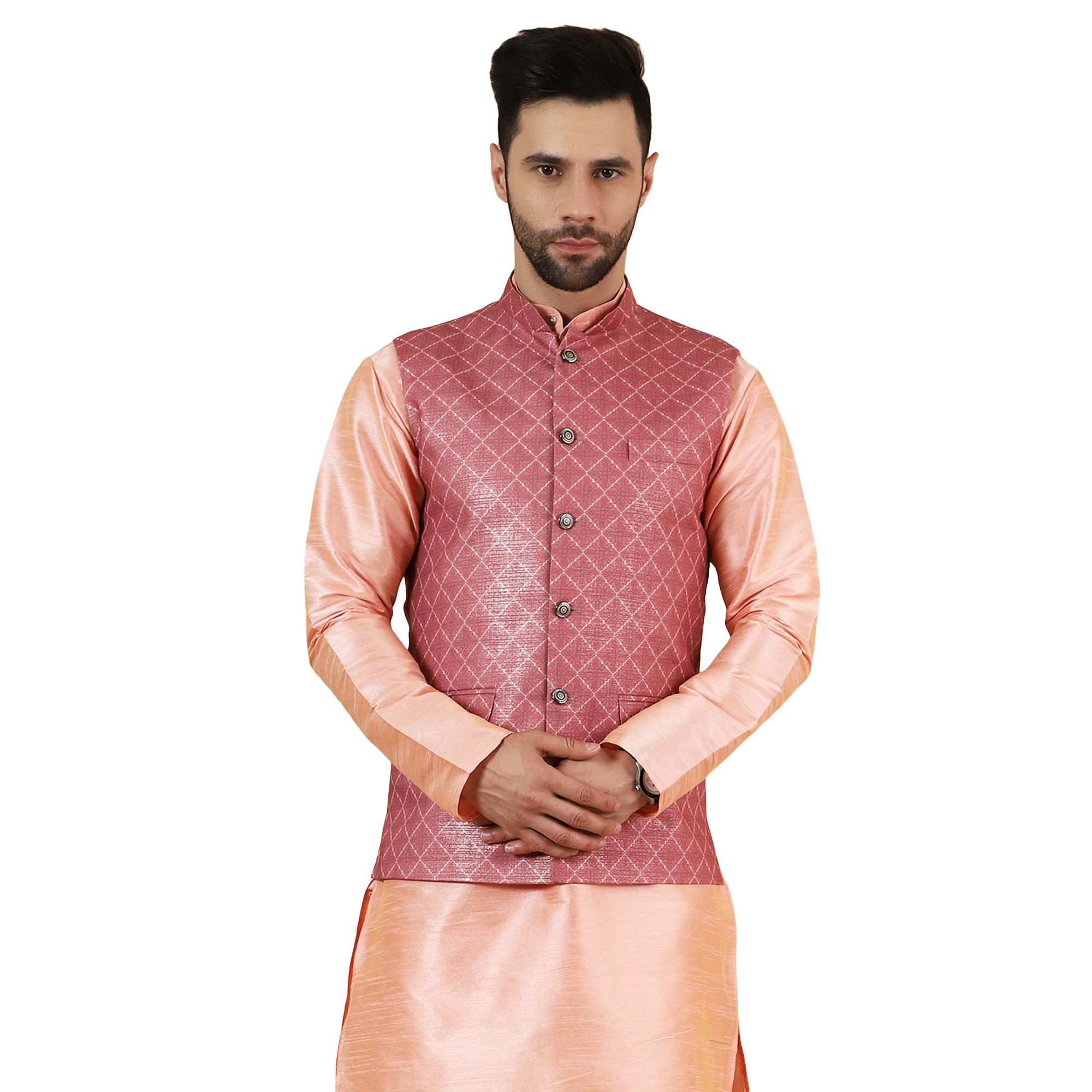 wintage Men's Digital Print Cotton Silk Pink Modi Nehru Jacket-picture-48