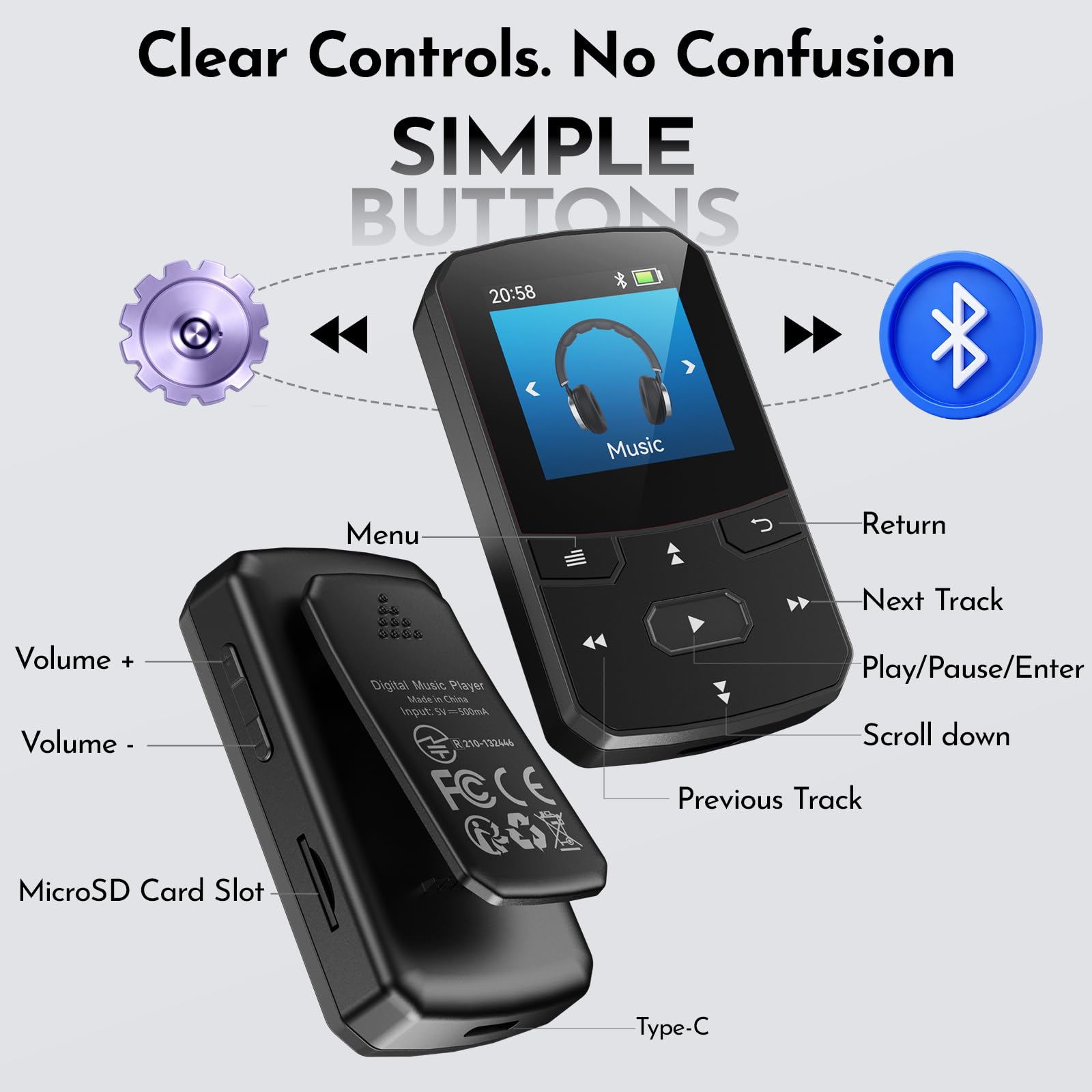 Odtwarzacz MP3 32 GB z Bluetooth 5.3, klips, lekki 29 g, radio FM i obsługa ślepa