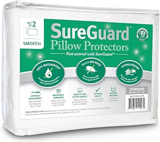 SureGuard Set of 2 Standard Pillow Protectors 21x27 - 100% Waterproof, Bed Bug Proof, Hypoallergenic Zippered Cotton Covers Smooth