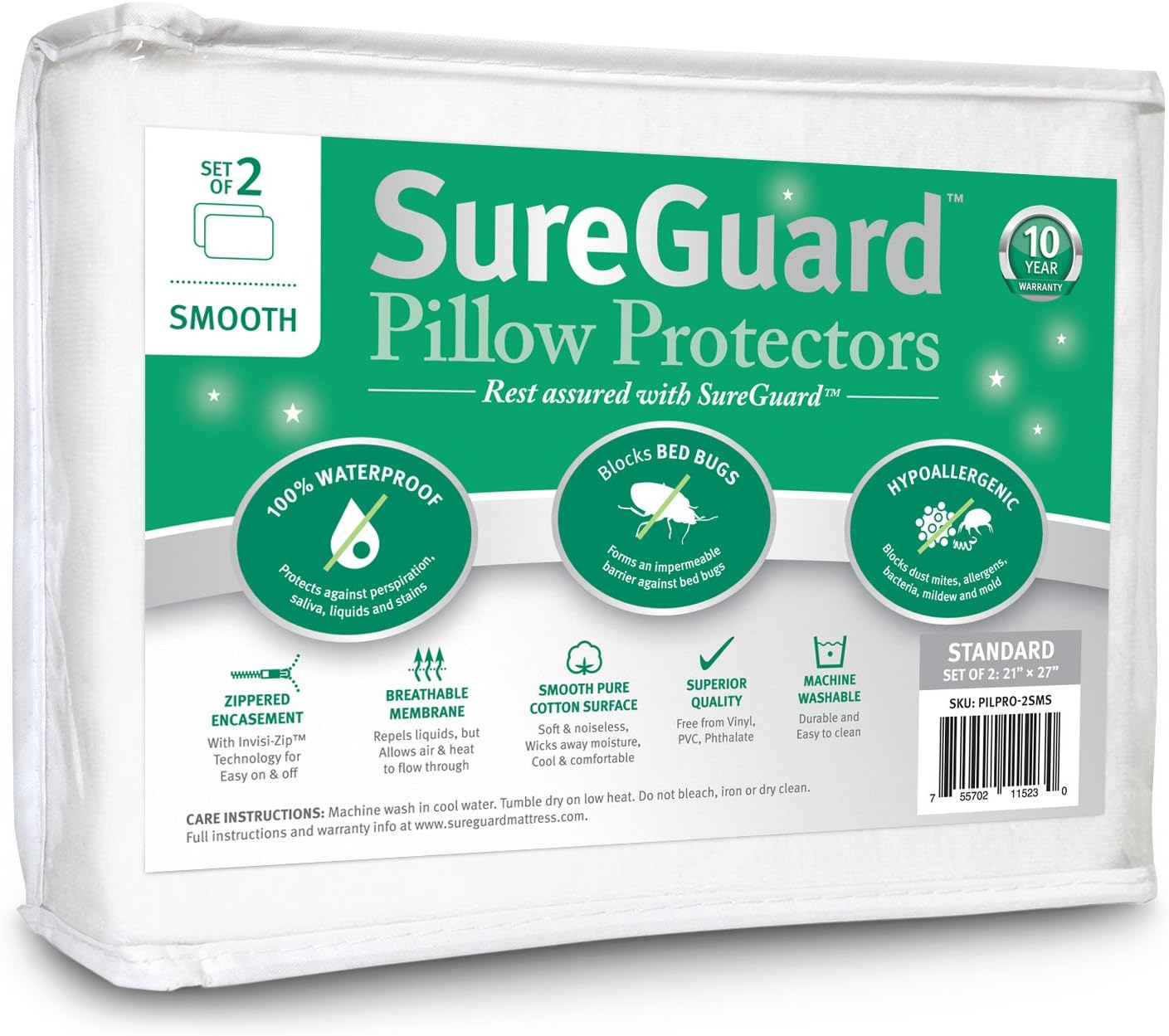 SureGuard Mattress Protectors Set of 2 Standard Size Pillow - 100% Waterproof, Bed Bug Proof, Hypoallergenic - Premium Zippered Cotton Covers - Smooth