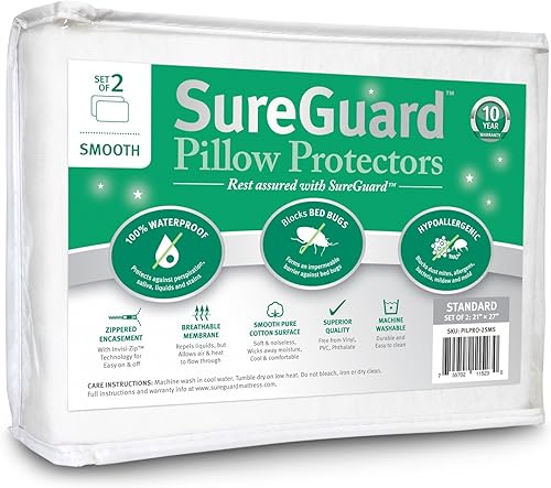 SureGuard juego de 2 protectores de almohada, 100% impermeables, a prueba de insectos, hipoalergénicos, fundas premium de algodón rizado con
