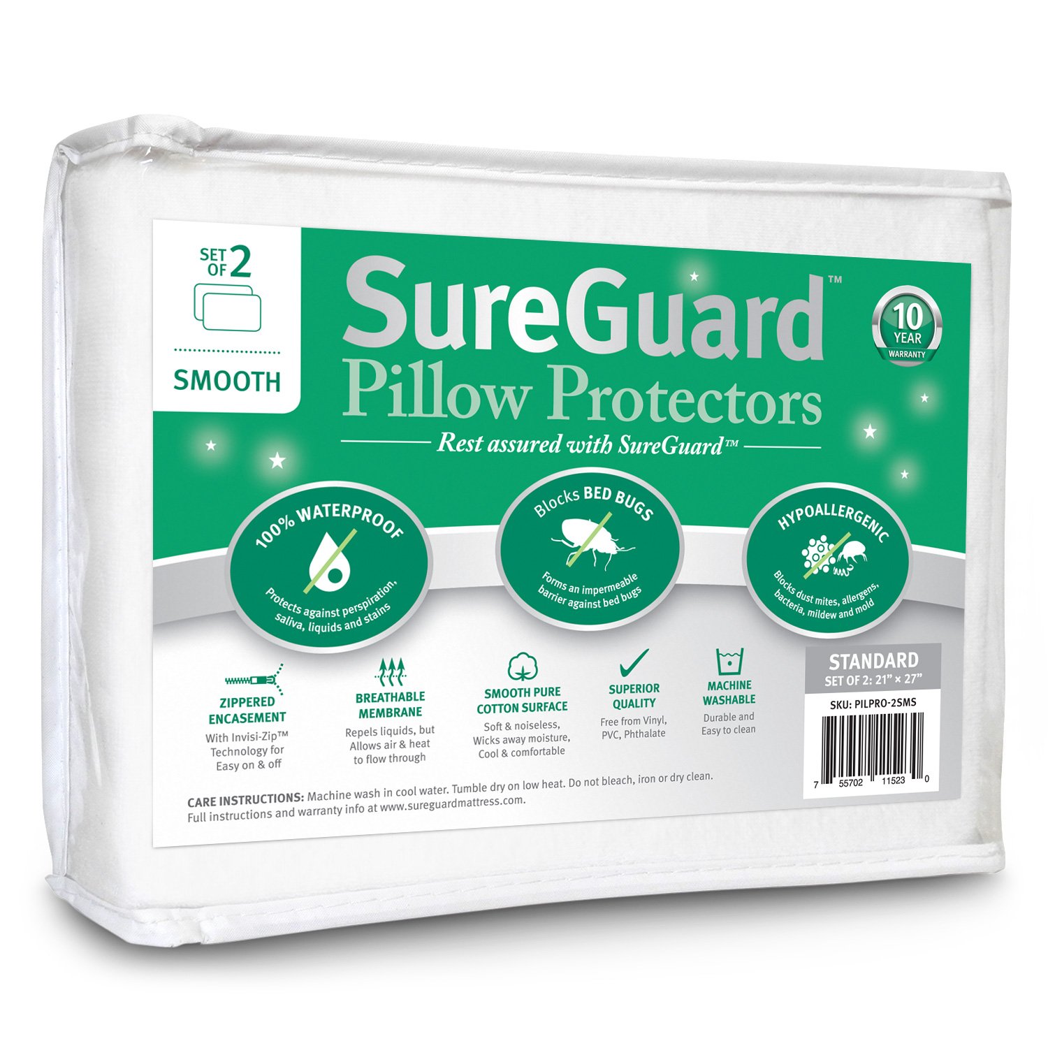 Set of 2 Standard Size SureGuard Pillow Protectors - 100 Waterproof Bed Bug Proof Hypoallergenic - Premium Zippered
