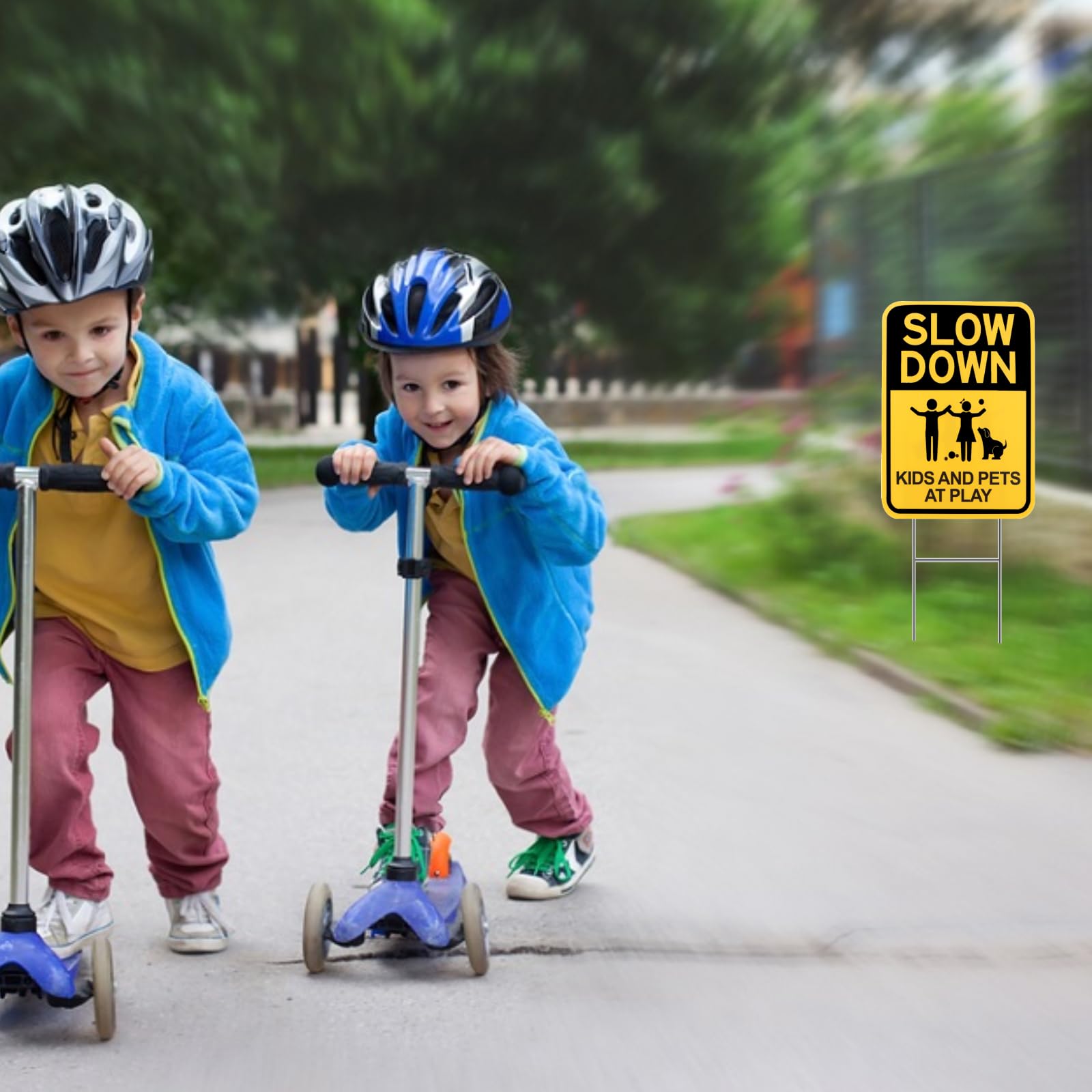 Letrero de ralentización con estaca H, 40,6 x 30,5 cm, letrero de seguridad para niños y mascotas en la calle, letrero de seguridad de doble cara para niños, impermeable, resistente a la