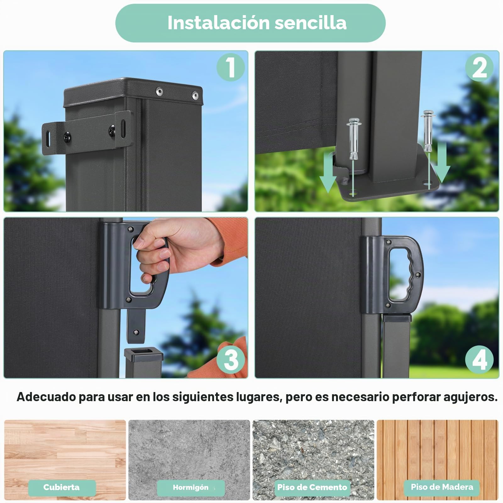 Toldo Lateral Extensible 180 x 400 cm (HxL) - Retractil Exterior con Pantalla Enrollable, Protección Solar, Impermeable, Revestimien PU para Terraza, Gris