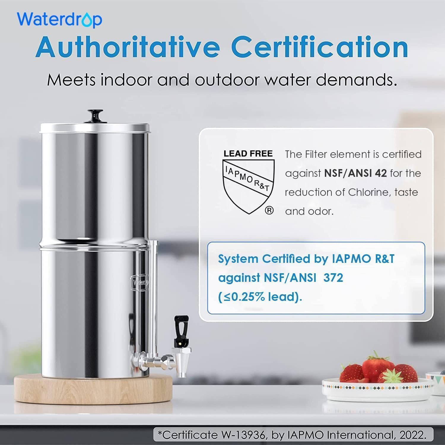 Waterdrop Gravity Water Filter System, Reduces Lead and up to 99% of Chlorine, NSF/ANSI 42&372 Standard, with 2 Black Carbon Filters and Metal Spigot, King Tank Series