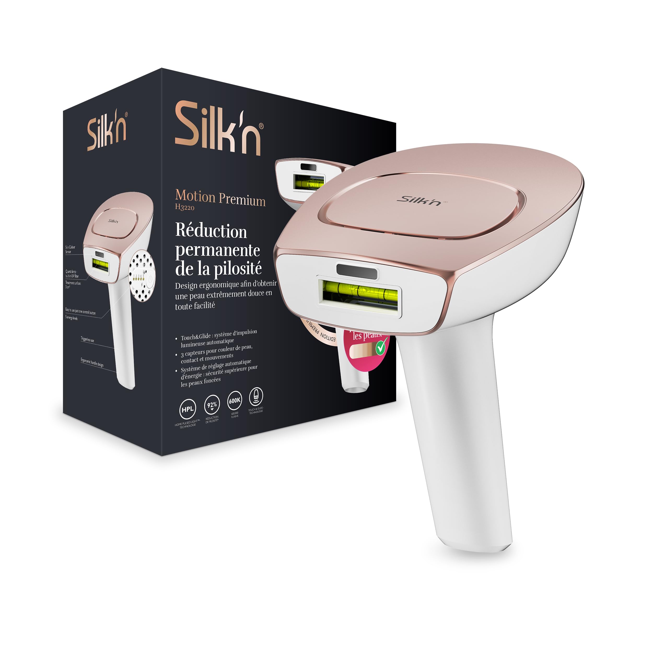 Silk'n depiladora para mujer y hombre I Motion Premium | Depiladora luz pulsada para cara, cuerpo o zona intima I Tecnología IPL y HPL con 600K pulsos I Para todos los tonos de piel | Oro rosa
