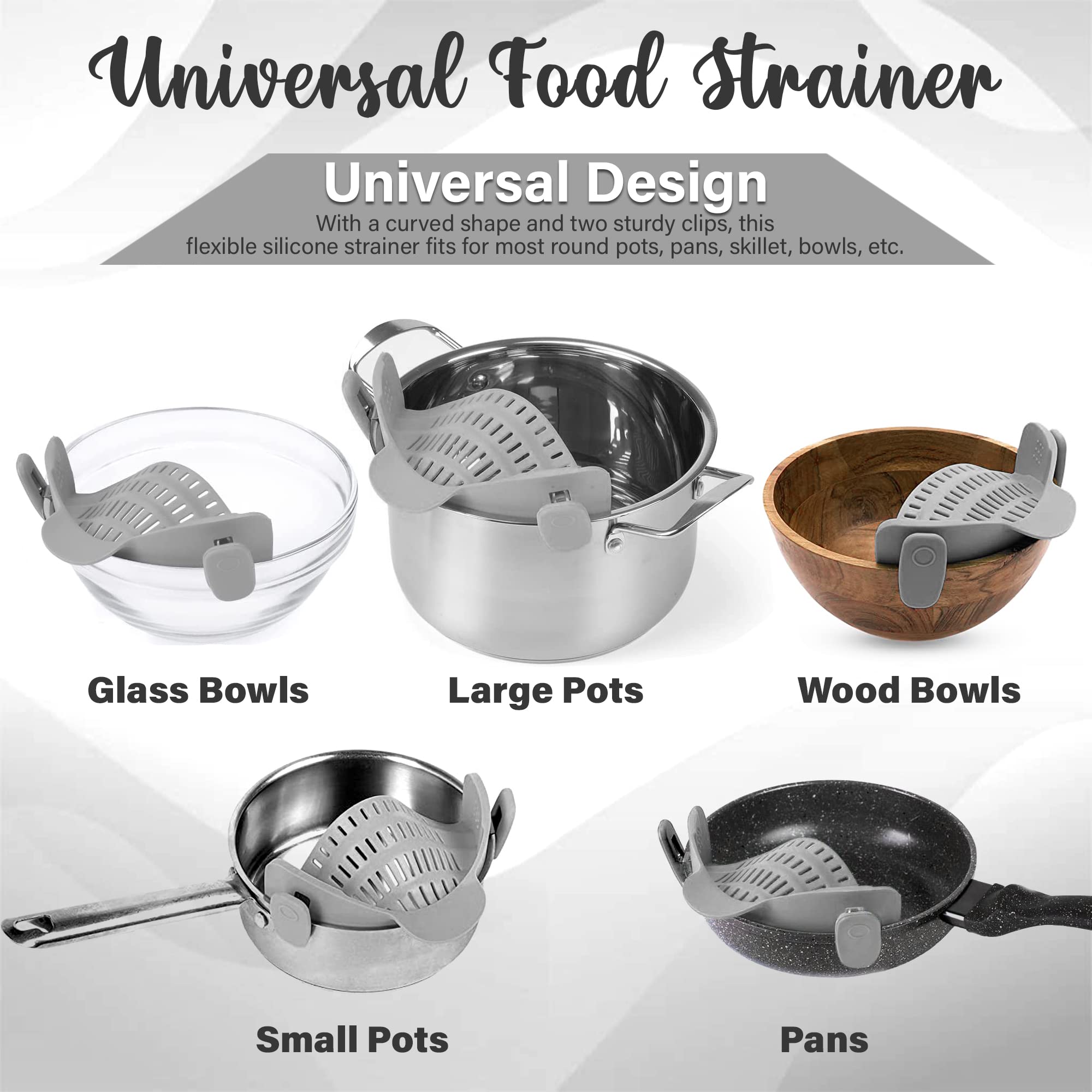 Strainer and Pasta Strainer - Adjustable Silicone Clip On Strainer for Pots, Pans, and Bowls, Kitchen Gadget, Gadgets for Home, Kitchen Must Haves, Fits All Bowls and Pots - Grey — view 3