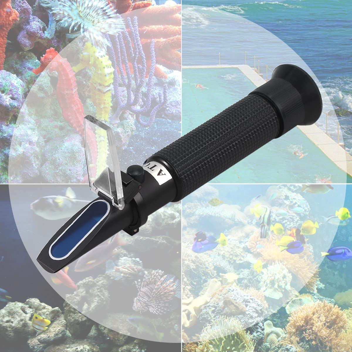 Salzgehalt Refraktometer, Automatische Temperaturausgleichung Salinitäts Refraktometer, Hydrometer 0-100 ppt & 1,000-1,070 Spezifischer Schwerkraft-ATC-Refraktometer für Meerwasser Aquarien(Schwarz)