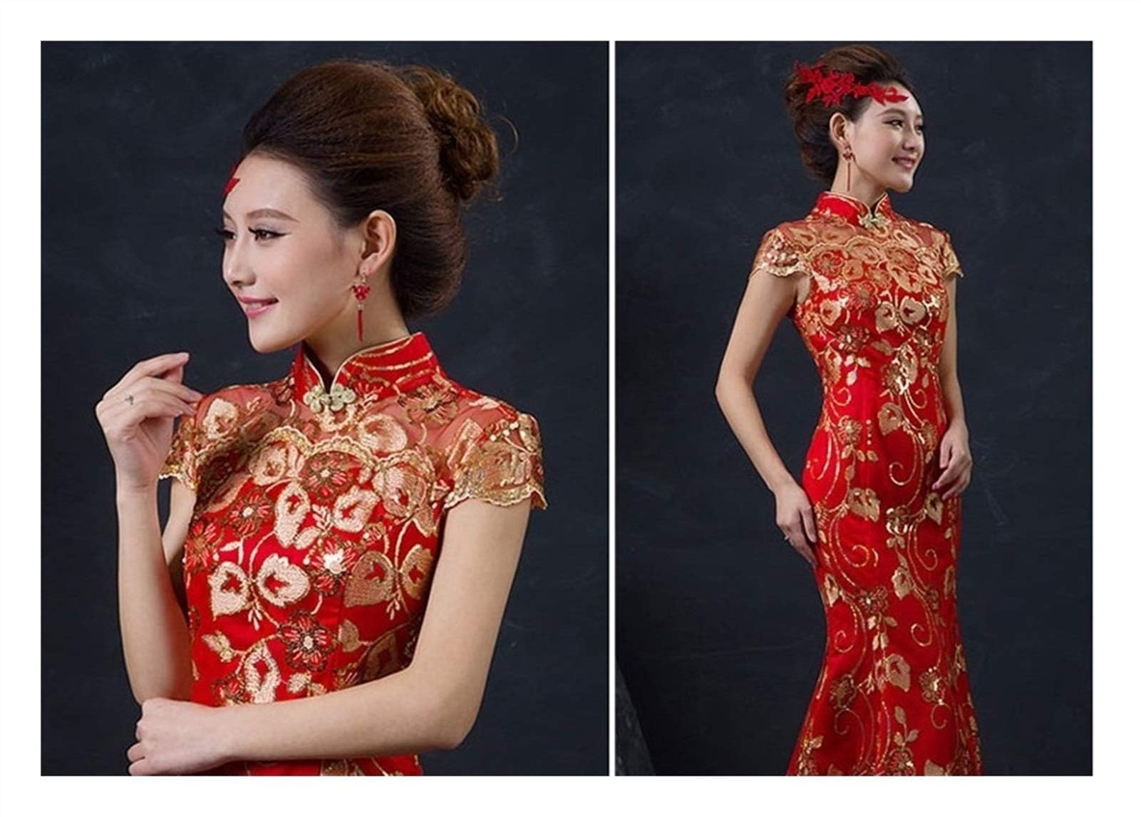 Vestido de Novia Chino Rojo para Mujer, Cheongsam Largo de Manga Corta, Dorado, Ajustado, Tradicional Chino, Qipao para Mujer, para Fiesta de Boda, cómodo