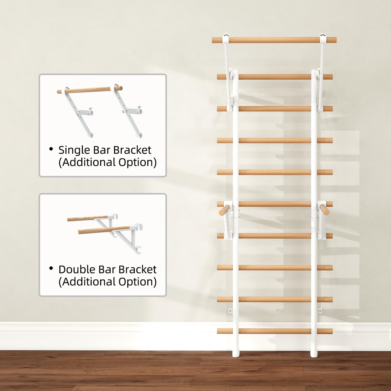 DHT Wood Stall Bar, Swedish Ladder Suspension Trainer with 9 Strategic Rods, for Home, Gym, School and Clinics, White
