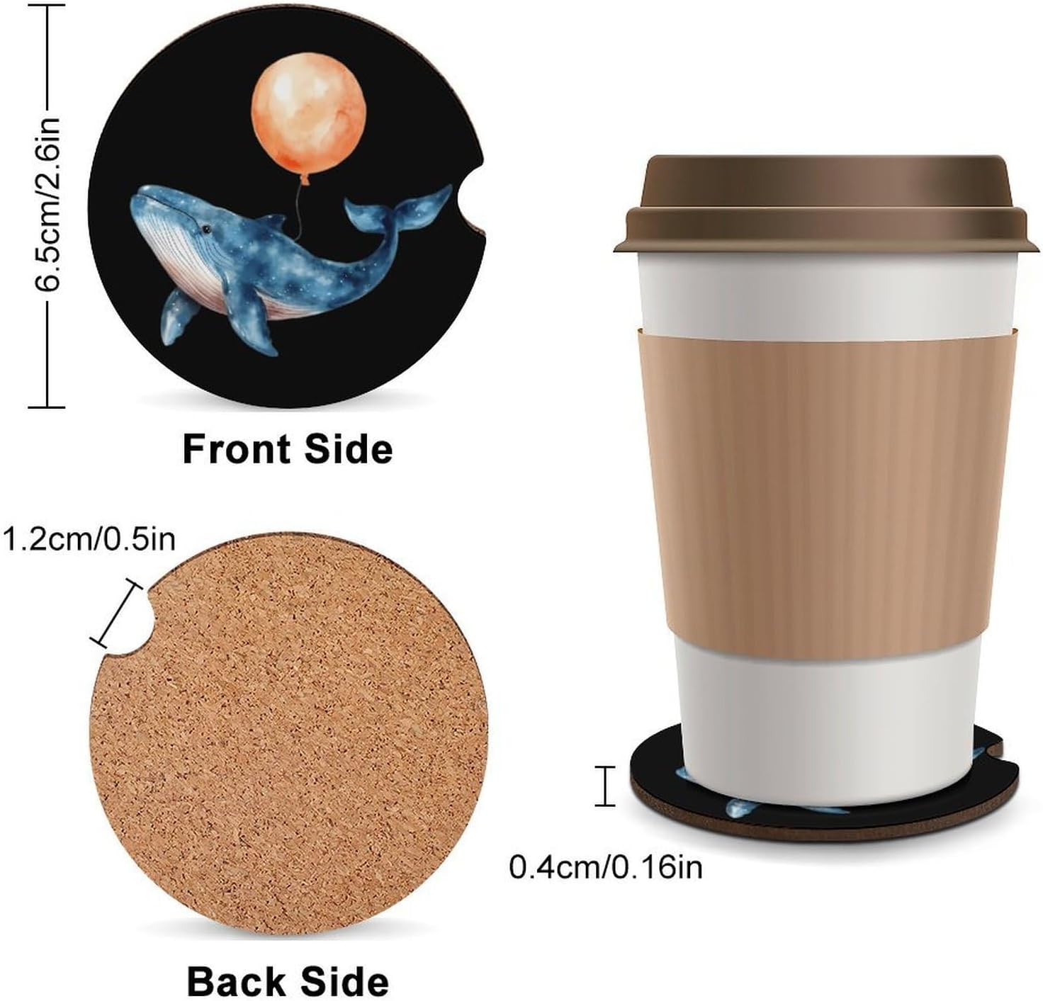 Whale with Balloon Watercolor Cute Car Coasters 2.56 Inch Absorbent Cup Holder for Drinks Auto Interior Accessories