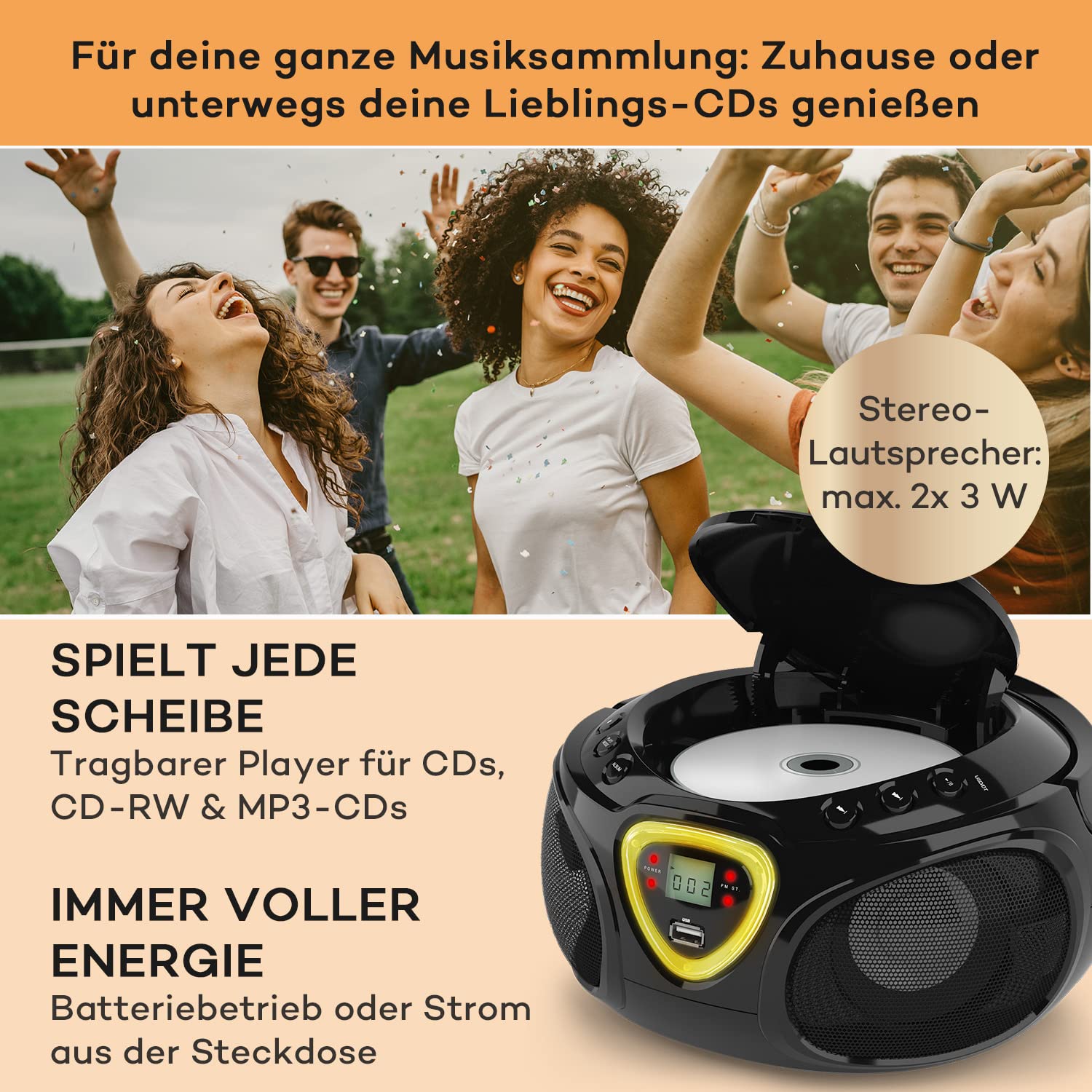 auna Roadie - CD-Radio, Stereoanlage, Boombox, USB, MP3, UKW-Radiotuner, Bluetooth 2.1, LED-Beleuchtung, 2 x 1,5 W RMS-Leistung, Netz- und Batterie-Betrieb, schwarz