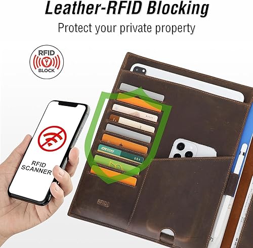 Vista 74 de Top Grain Leather Cartera grande de 12.9 pulgadas, diseño retro hecho a mano, gran capacidad, multifuncional, con cremallera, soporte para tarjetas