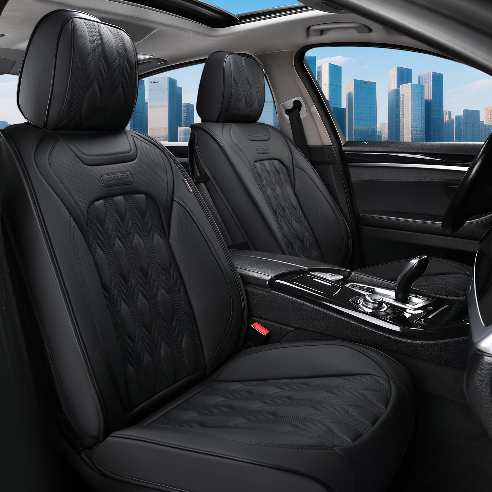 Coverado Front Seat Covers, Premium Nappa Leather Sideless Auto Seat Cushions with Embossed Pattern, Universal Fit Interior Accessories for Most Cars, Sedans, SUVs and Trucks, Black