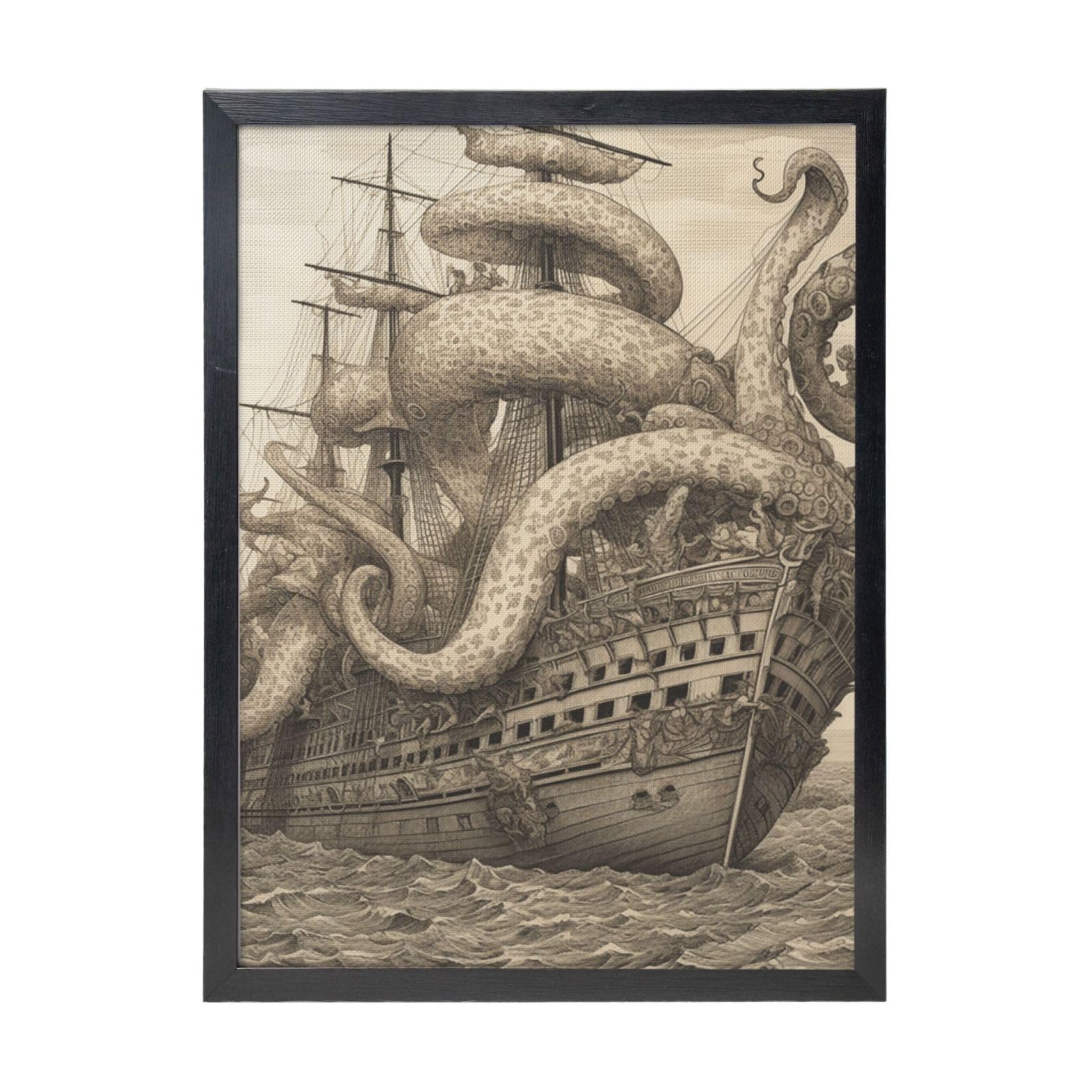 Framed Wall Art - Decorative Canvas Painting Sailing Pirate Octopus Pictures Poster Aesthetic Modern Prints Artwork for Bedroom Office Wall Decor Ready To Hang 12x16 in