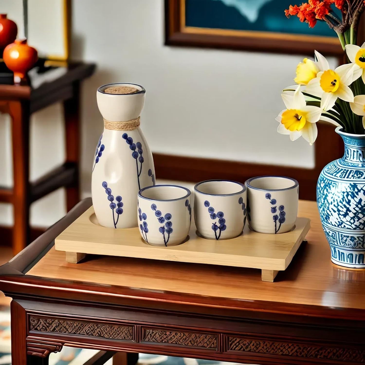 Mocerakai Ceramic Sake Set 4pcs Japanese Traditional Sake Set with 1 Sake Pot 4 Sake Cups Japanese Saki Cup Tokkuri Bottle Ochoko Carafe Soju Home Decoration Gift with Serving Bamboo Tray Dandelion