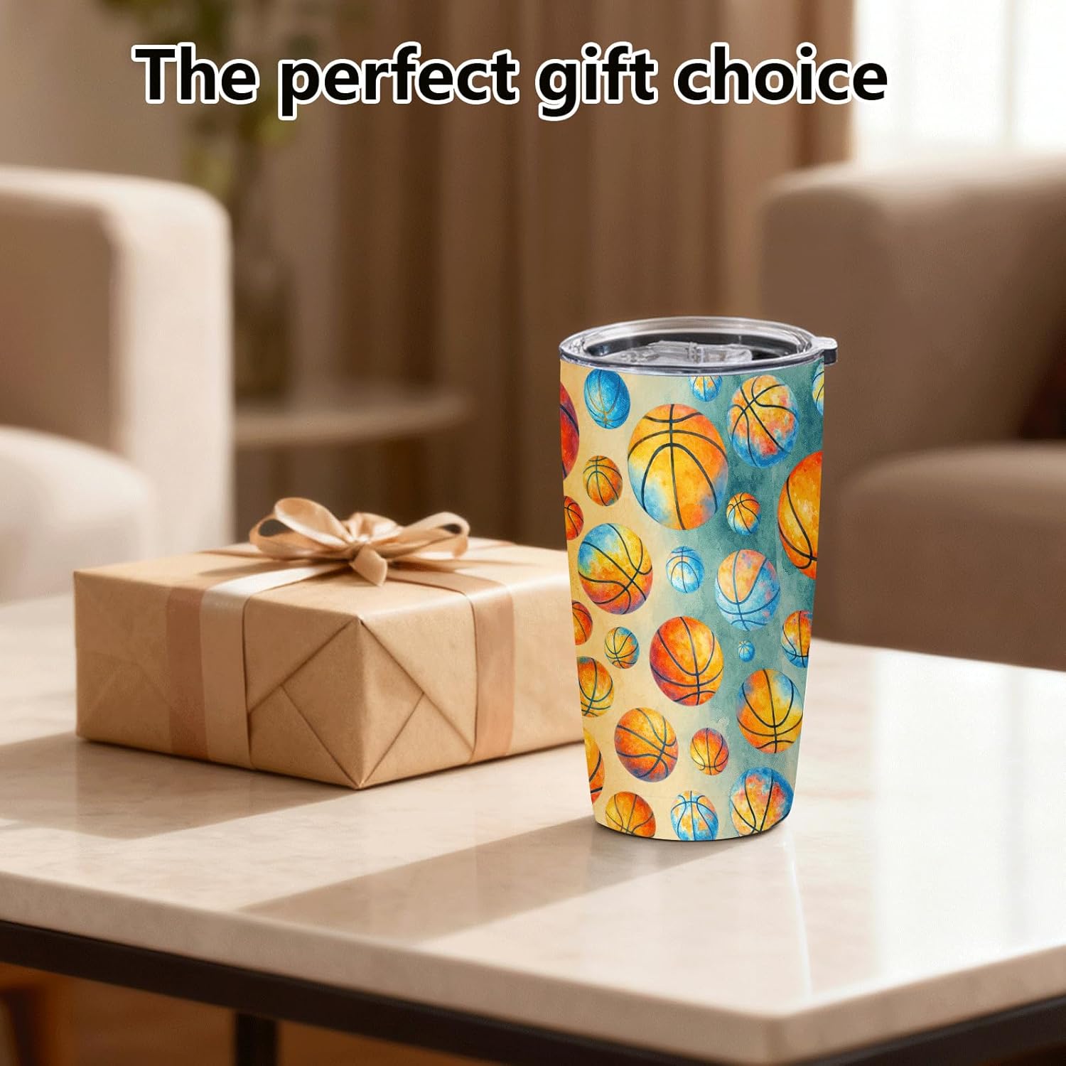 Basketball Tumbler 20oz Vacuum Insulated Stainless Steel Travel Mug with Sliding Lid & Straw, Sweat-Proof, Cup Holder Friendly, Watercolor Gift for Players, Boys, Coach, Senior Night - Image 8