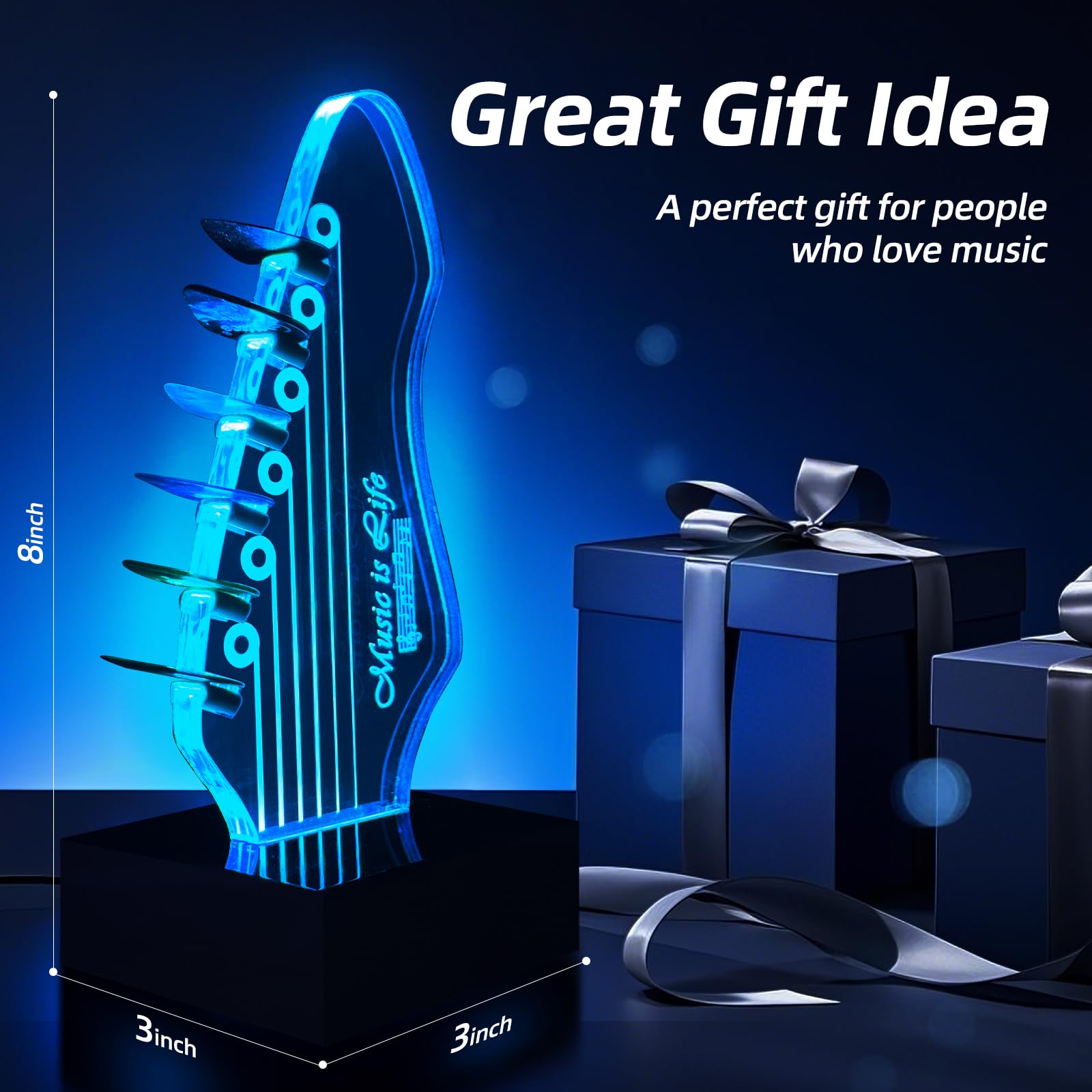 Support de médiator lumineux avec 7 couleurs changeantes, alimentation USB, affichage de rangement à DEL et veilleuse, peut contenir 6 médiators, décoration de chambre cool pour guitaristes, cadeau