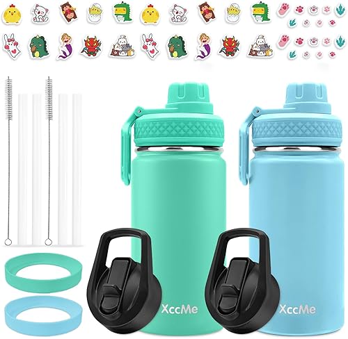 XccMe Botella de agua para niños de 12 onzas, 4 tapas, paquete de 2 botellas de agua para niños y escuelas, botella de agua metálica para niños,
