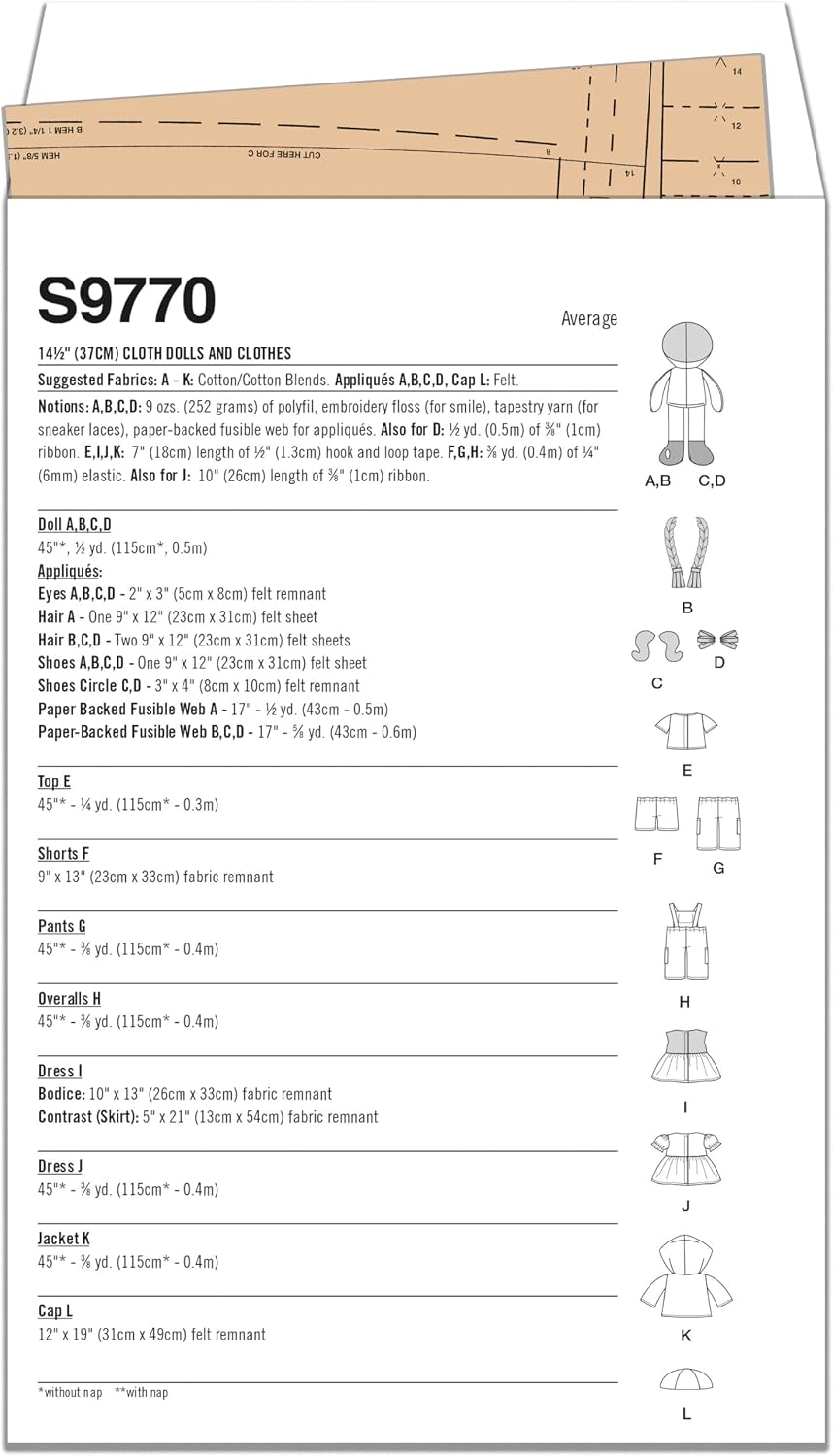 Simplicity S9770 14.5" Cloth Dolls & Doll Clothes Sewing Pattern by Longia Miller, One Size
