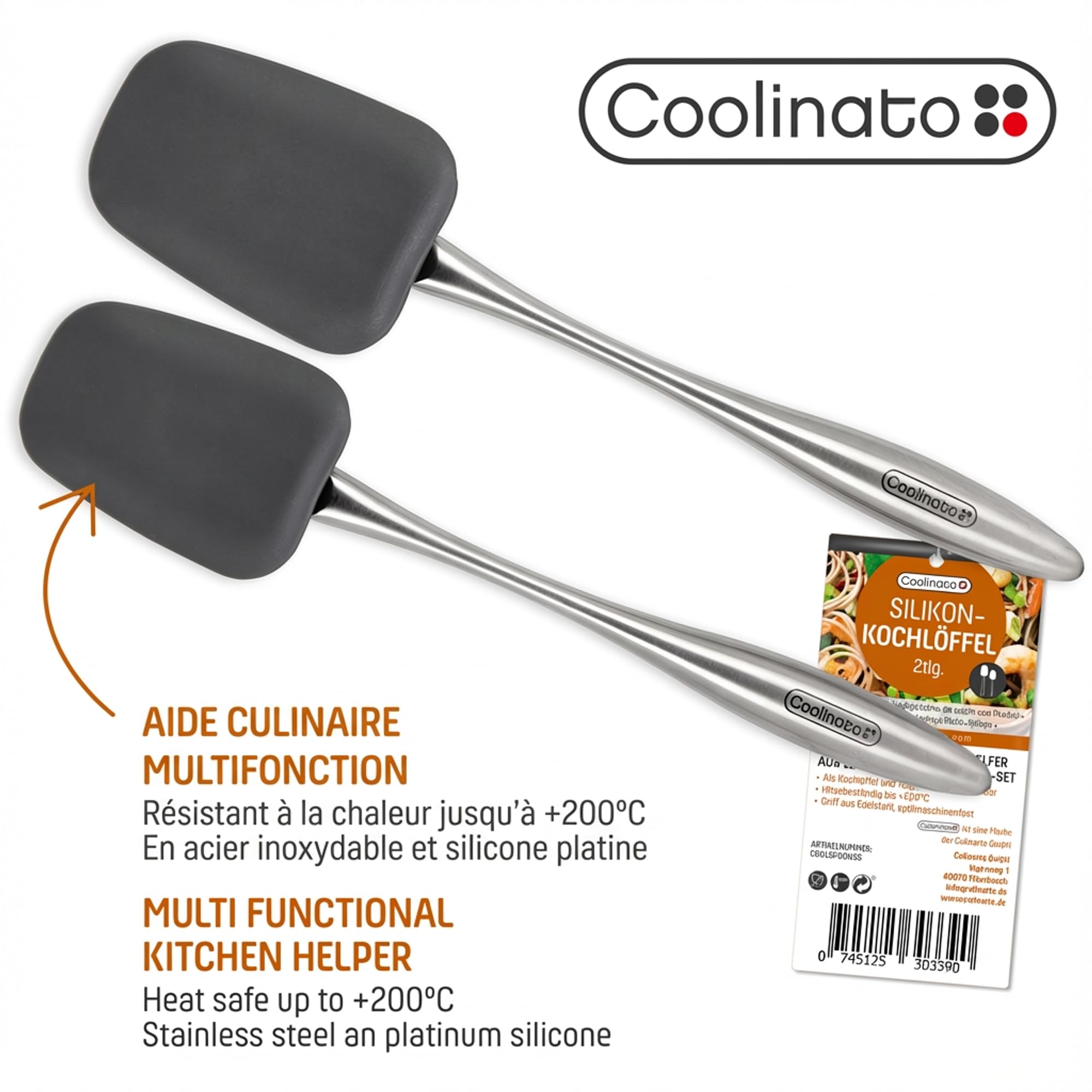 Coolinato Spatules en silicone et acier inoxydable, Set de 2 pièces 25,5cm et 29cm, Cuillère pour la cuisine et la pâtisserie sans dpa