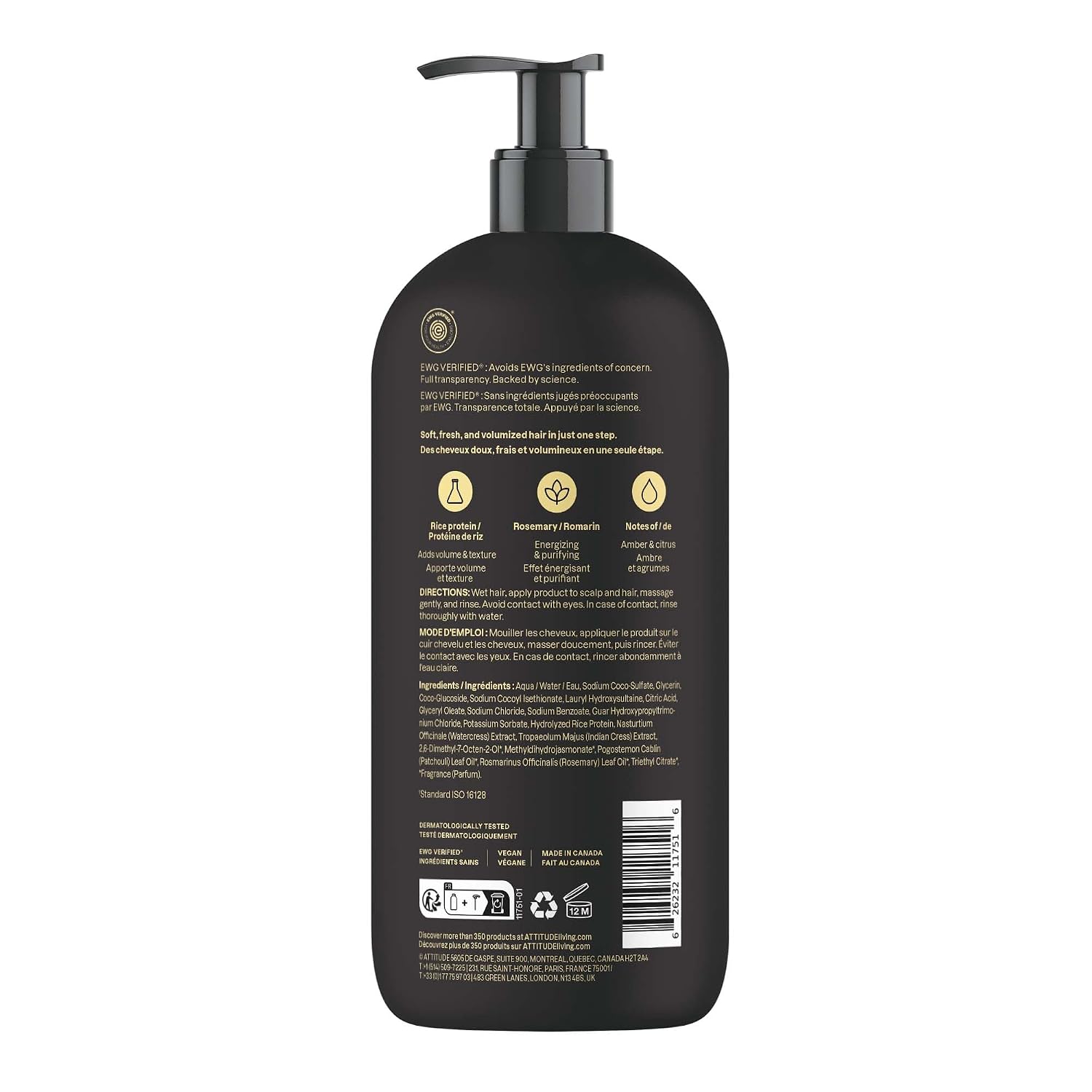 ATTITUDE Men's Shampoo and Conditioner 2-in-1, Volumizing for Thin Hair, With Rosemary and Rice Protein, 97% Natural Origin Ingredients, EWG Verified, Amber & Citrus, 32 Fl Oz