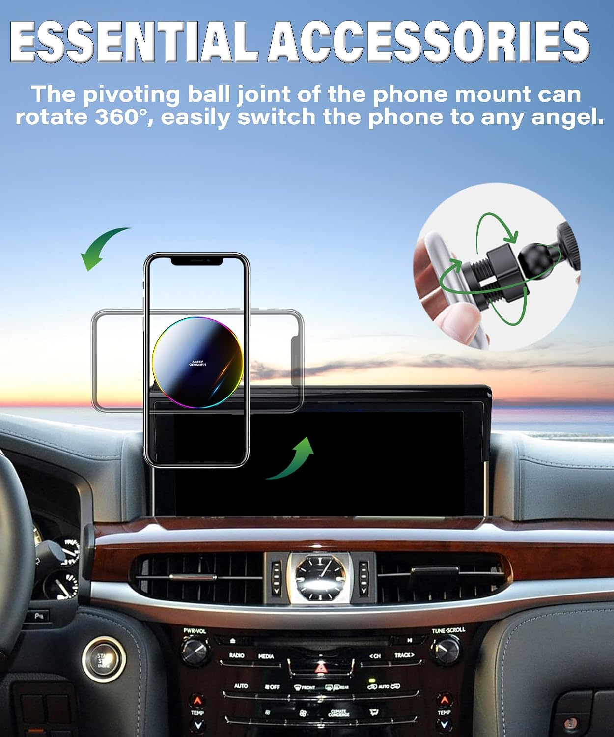 Car Phone Holder for 2016 2017 2018 2019 2020 2021 Lexus LX570 Accessories 15W Fast Wireless Charger Screen Fixed Clip HandsFree Cell Phone Mount 360° Rotation (12.3 Inch)