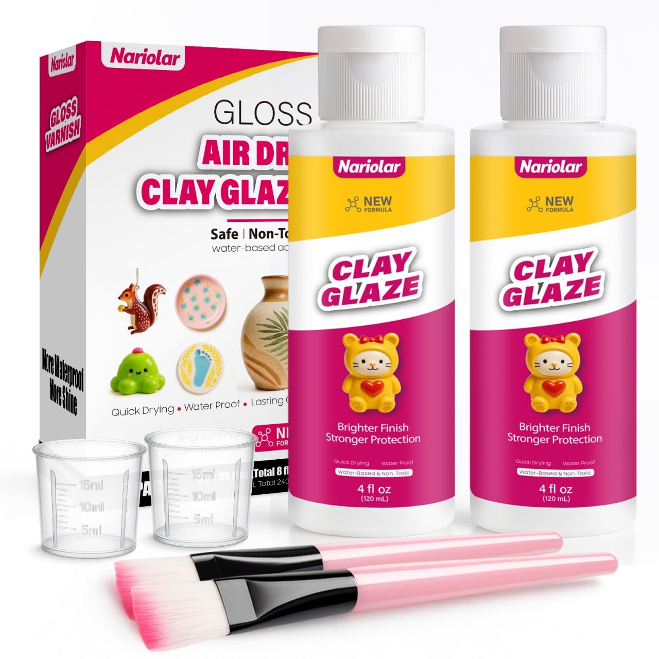 Nariolar Air Dry Clay Glaze - 4fl oz/120mlx2 Clay Varnish Gloss with Measuring Cup & Brush, Scratch Resistant, Waterproof, Prevents Cracking, High-Gloss Finish for Pottery & Craft Projects