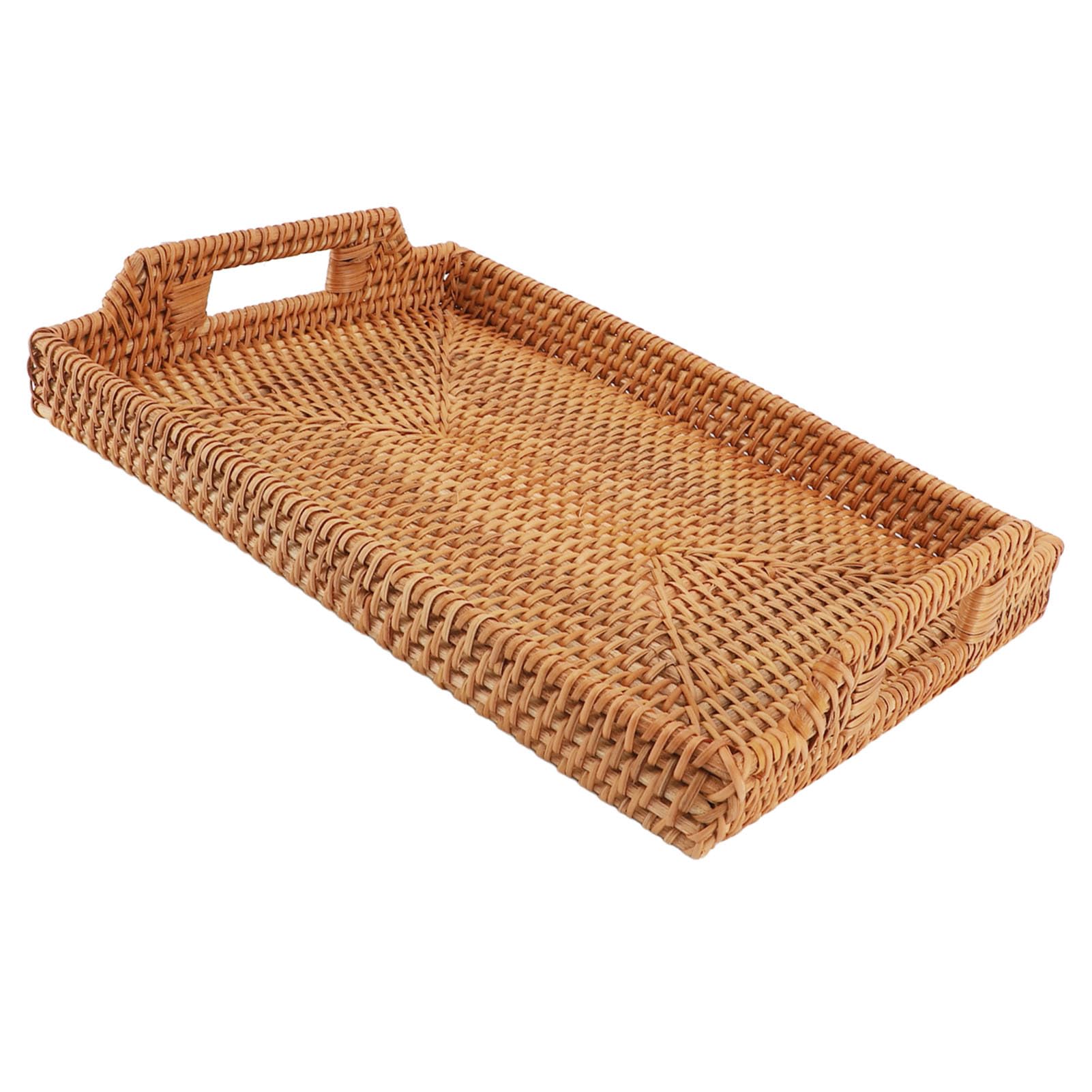 Nikou Vassoio rettangolare in rattan, 34 × 25 × 4 cm, con manici, vassoio decorativo in vimini, per colazione, bevande, snack, cibo o tavolino da caffè