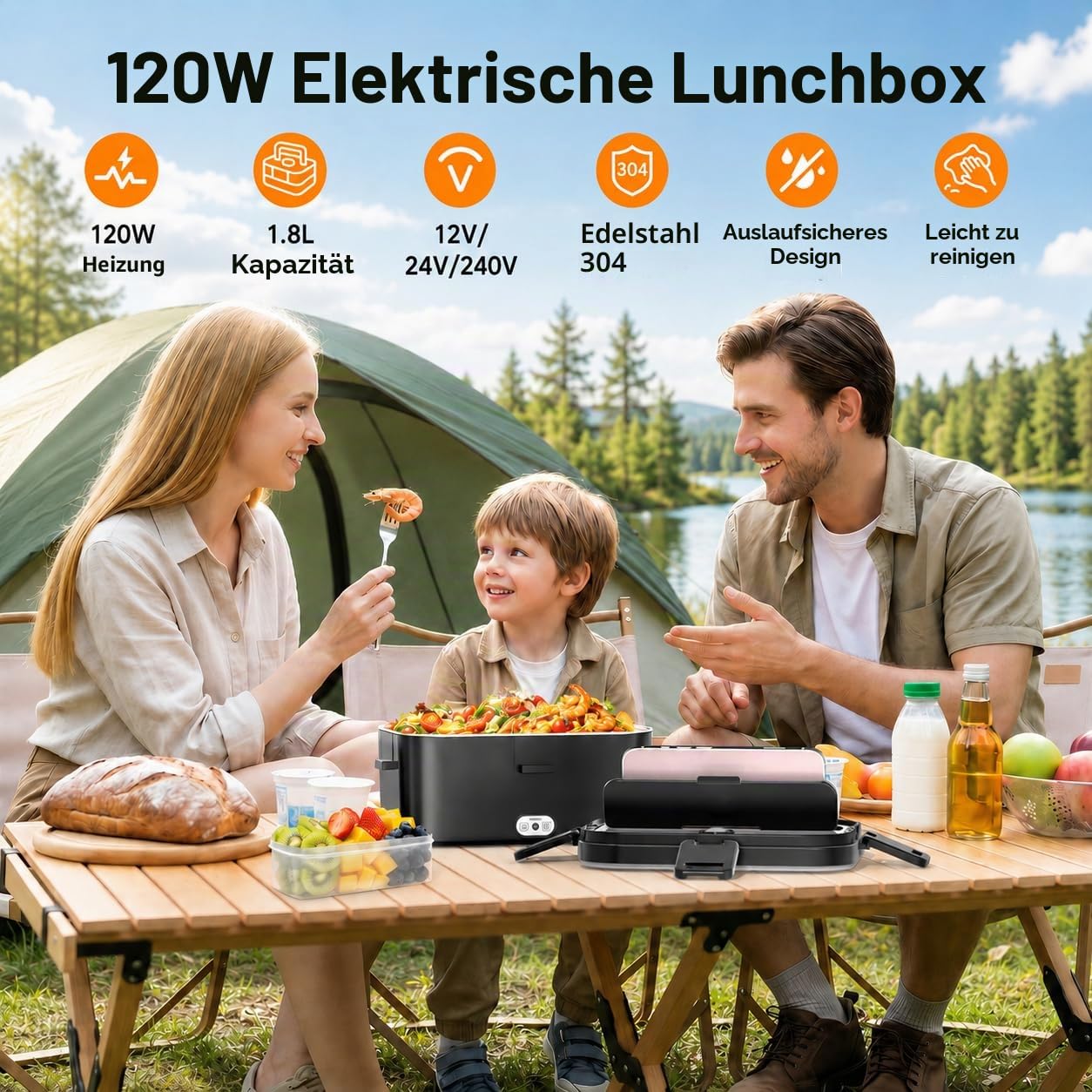 Elektrische Lunchbox 120W 1,8L 12V/24V/230V für Auto/LKW/Büro Auslaufsicher | Herausnehmbarer Edelstahl-Innenbehälter, Leicht zu Reinigen, Inklusive Gabel & Löffel, 0,45L Obstbox, Tragbar für Unterwegs