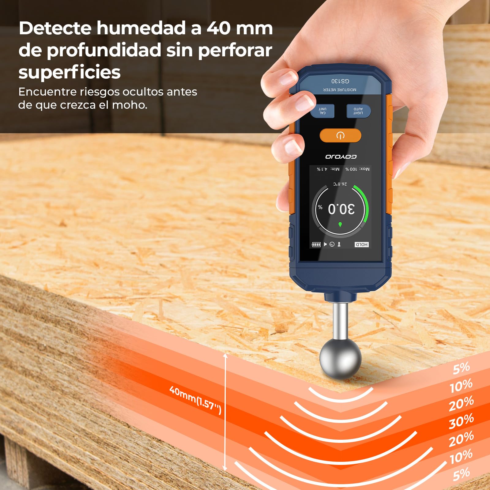 Medidor de Humedad, GOYOJO Medidor de Humedad para Madera con Pantalla LCD y Alarma Acústica, Recargable para Madera, Paredes y Materiales de Construcción, Detección de 5 a 40 mm