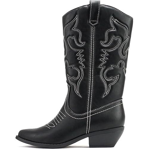 Soda RENO ~ Women Western Cowboy Stitched Pointe Toe Low Heel Ankle Mid Shaft Fashion Boots