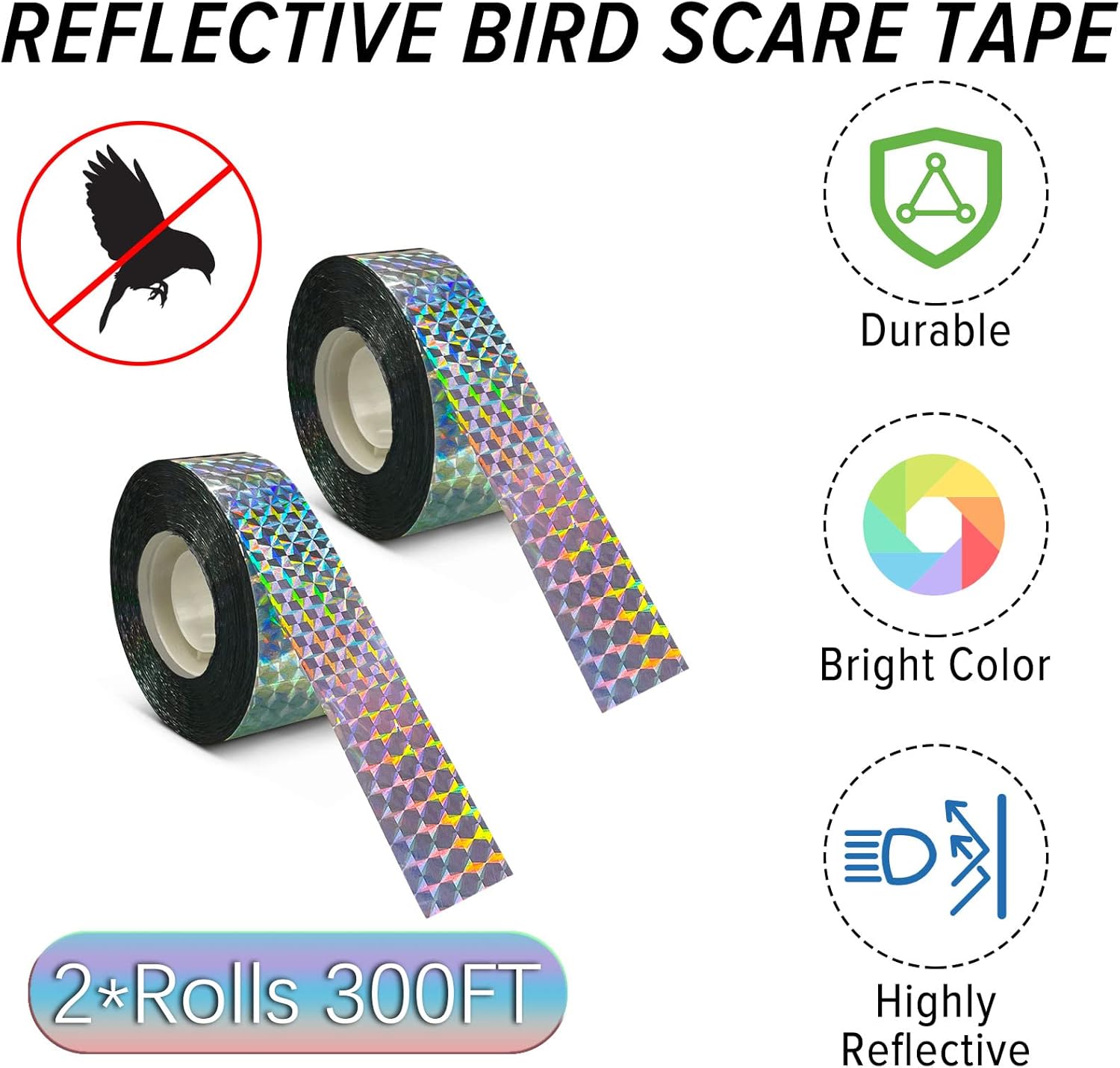 MP mypole Bird Scare Tape Ribbon, 2 * 300 Foot Reflective Tape Ribbon for Birds Woodpecker Scare Reflective Flash Tape Scare Birds Away for Outdoor, House, Garden, Patio, Orchard - Image 2