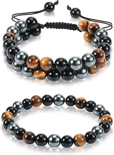 Seazoon Pulsera de triple protección, pulseras de cuentas con obsidiana, ojo de tigre, piedras de hematita, pulseras de cristal curativo