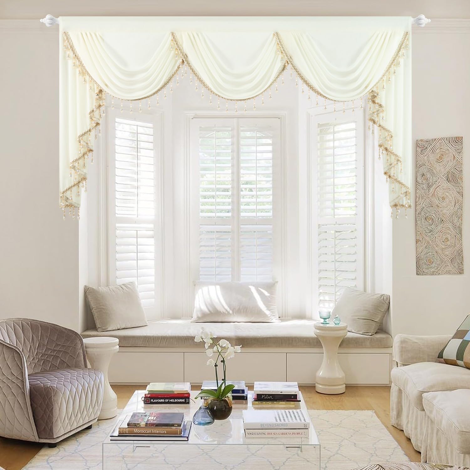 Leeva Cream Sheer Valance, Waterfall Swag Valance with Beaded Trim, 79" Wide Voile Curtain for Farmhouse Kitchen & Sunroom Window Treatments