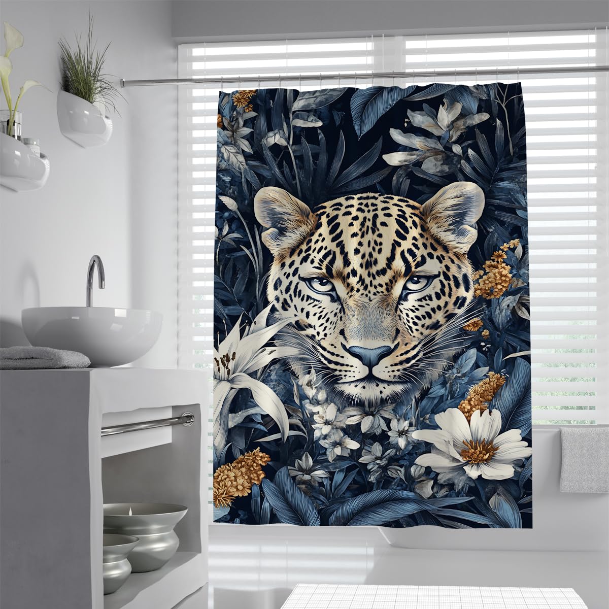 Uiringart Shower Curtains Wild Leopard Bath Curtain W100xl200cm Jungle Botanical Daisies Blue Leaves Mold Resistant Quick Dry Washable Bathroom Curtains For Bathtub With Hooks