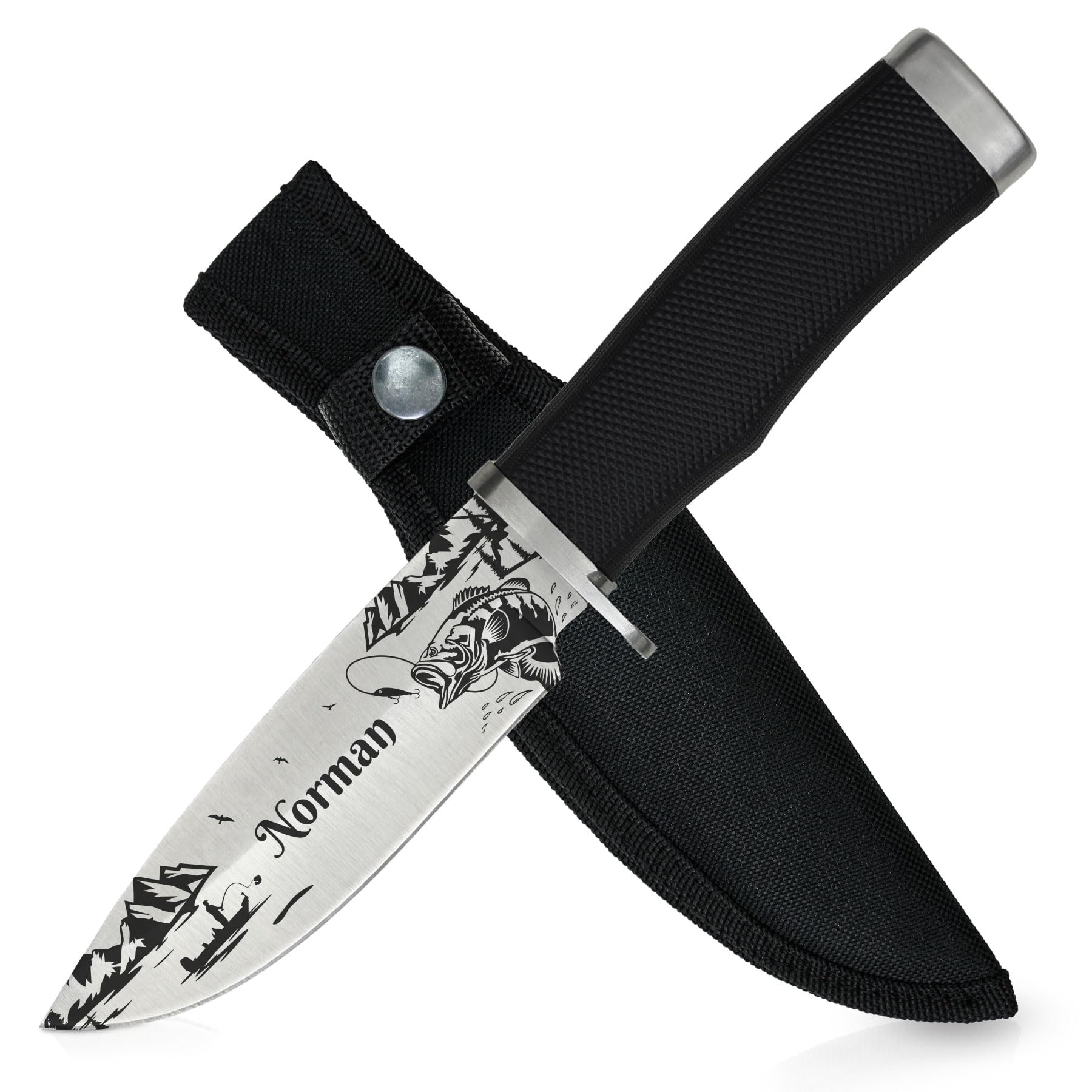 ADAM WILD Angelmesser mit Gravur | Angelzubehör & Geschenk für Angler | Personalisiertes Anglermesser mit Name & Motiv graviert | gummierter Griff & Messertasche aus Nylon | für Angeln & Outdoor