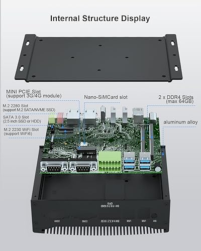 Miniatura 4 de WEIDIAN PC industrial, mini PC sin ventilador, Core i5 10210U (hasta 4.20 GHz), pantalla triple 2HD+DP, 2RS232RS422RS485 COM, LAN 2RJ45, 6USB, GPIO,