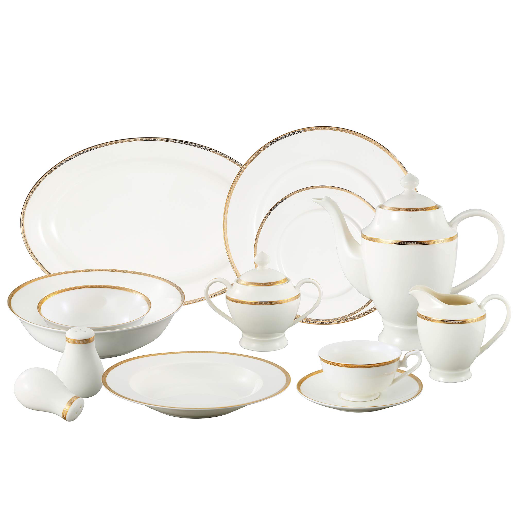 Lorren Home Trends La Luna Collection Bone China 57-Piece 24K Gold Greek Key Design Dinnerware Set, Service for 8