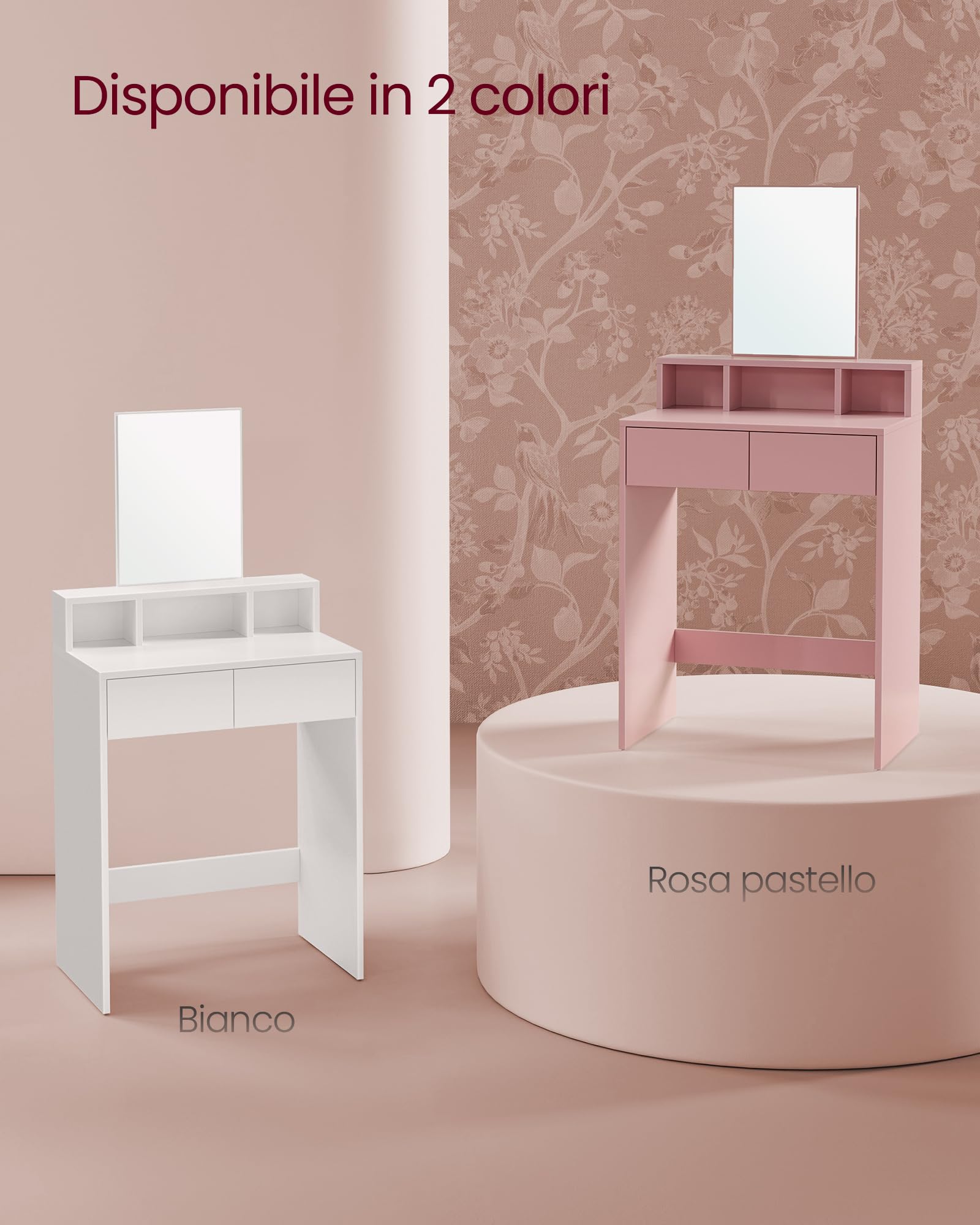 VASAGLE KAILYN Collezione - Toeletta con Specchio Grande, Postazione Trucco con 2 Cassetti e 3 Scomparti, Tavolo da Trucco, Stile Moderno, 40 x 60 x 127 cm, Rosa Pastello RDT103R01