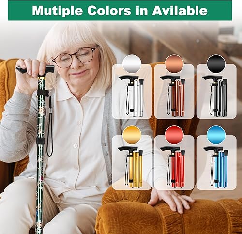 Miniatura 8 de MFE Bastón plegable, portátil de 5 niveles de altura ajustable con diseño plegable, correa de muñeca y mango en T para hombres y mujeres