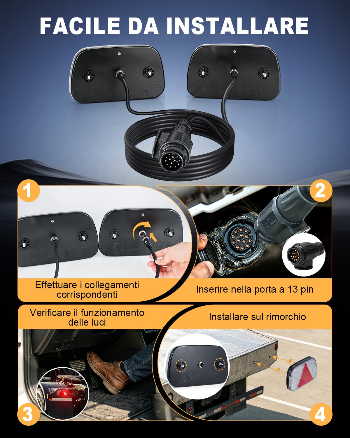 Dinfu Set di fanali posteriori a LED per rimorchio, spina a 13 pin, illuminazione per rimorchio, omologazione E, con cavo da 5 m, per rimorchi, camper, furgoni, auto, camion, roulotte
