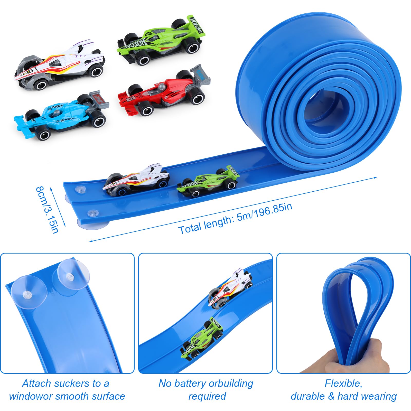 Tahbarshi Flexible Car Track Toy 5m Includes 4 Cars, Speed Track for Indoor Outdoor Play Rolls Up Portable Dual Race Track - Image 3
