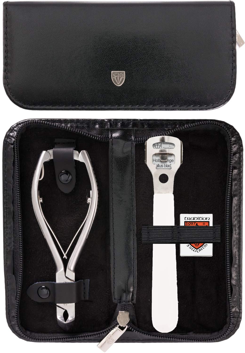 DREI SCHWERTER Pediküre Set 3-tlg. mit extra stabiler Nagelzange Fußnagelzange Eckenzange Kopfschneider aus rostfreiem Edelstahl mit Hornhauthobel und 10 Ersatzklingen im Etui, Markenqualität (806)